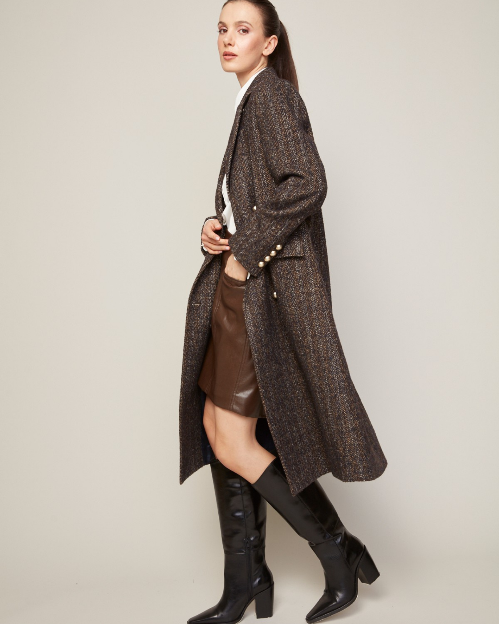 Bennett, manteau long en tweed de laine mélangée à double boutonnage