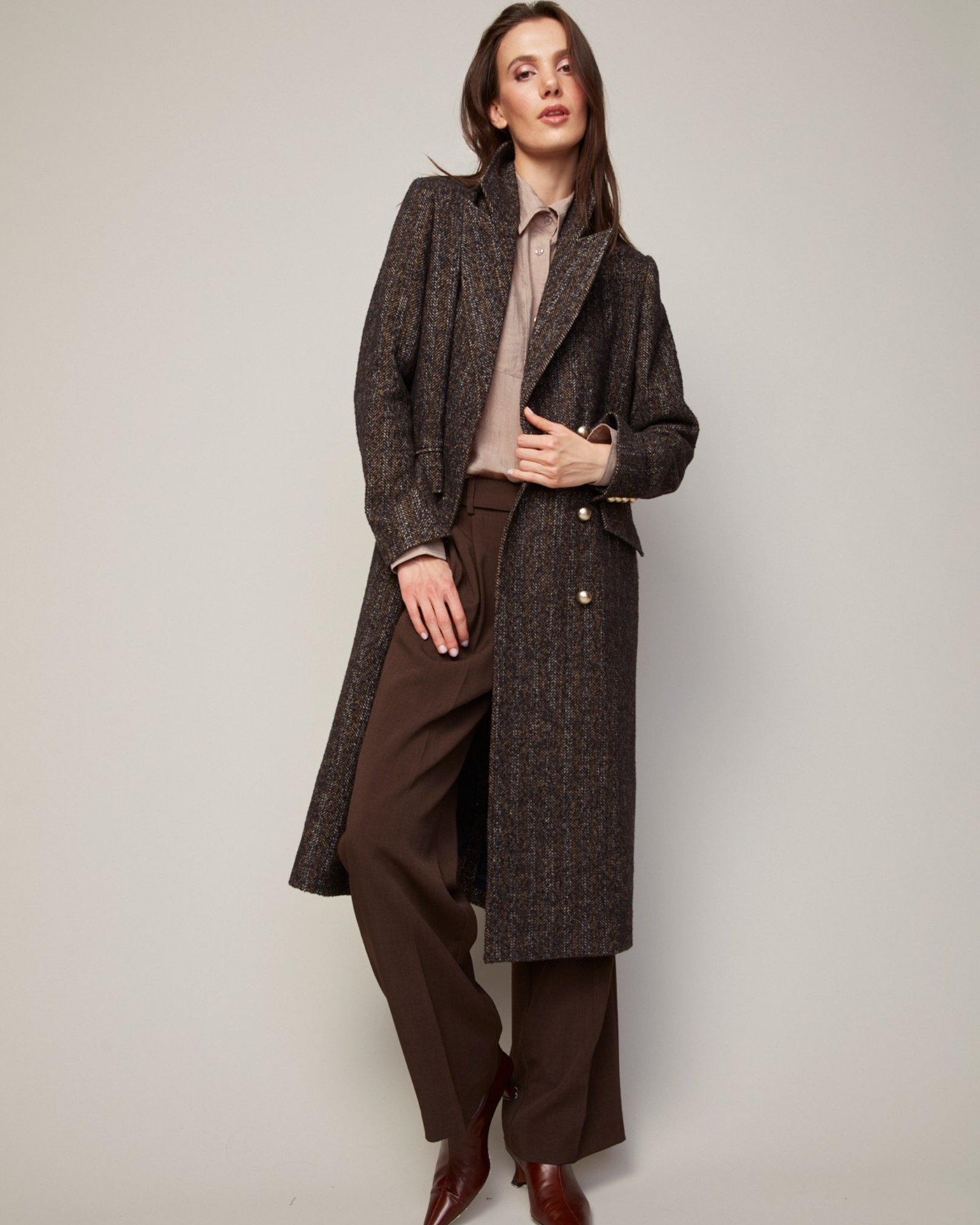 Bennett, manteau long en tweed de laine mélangée à double boutonnage