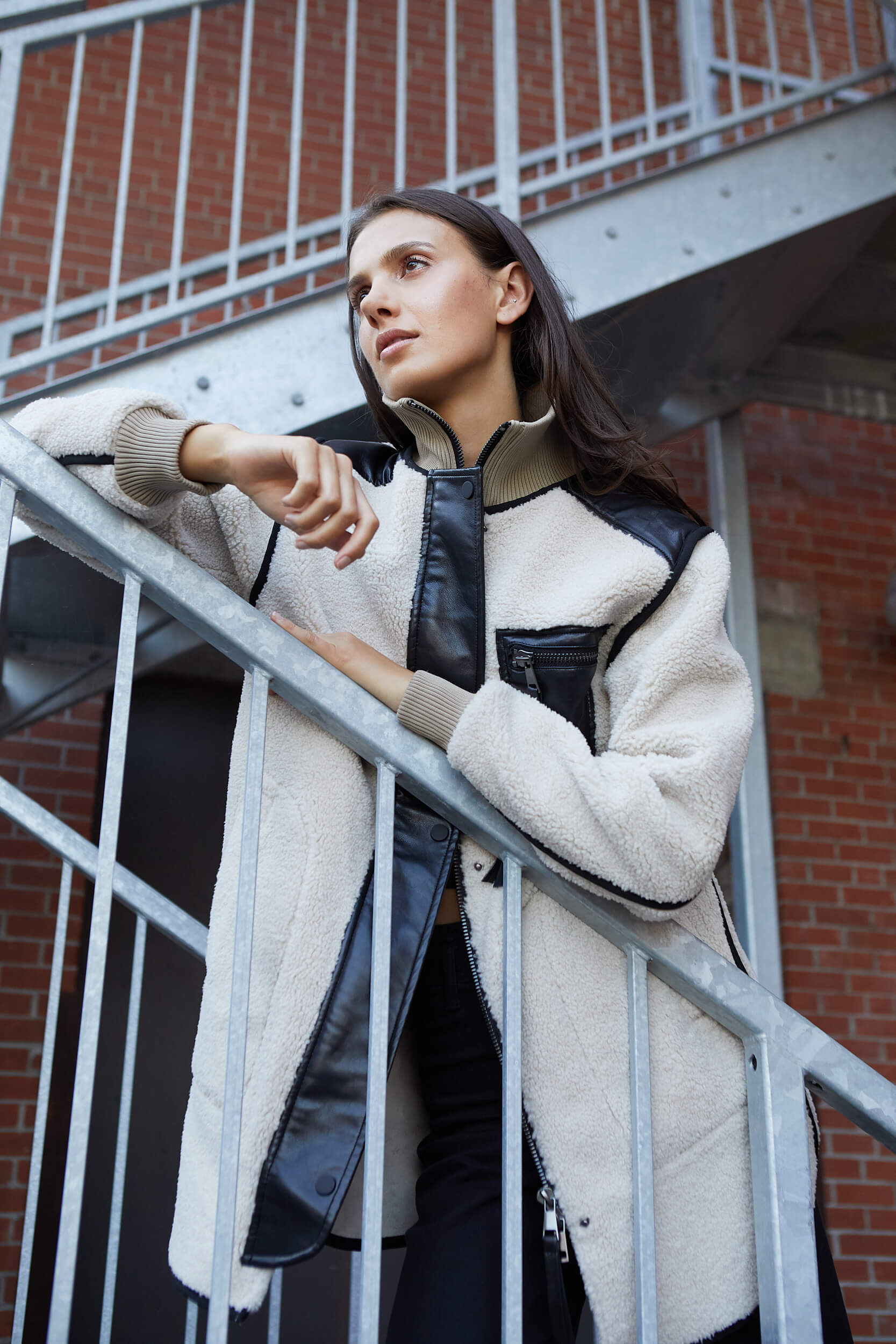 Audrey faux sherling coat w/ vegan leather trim and side zippers