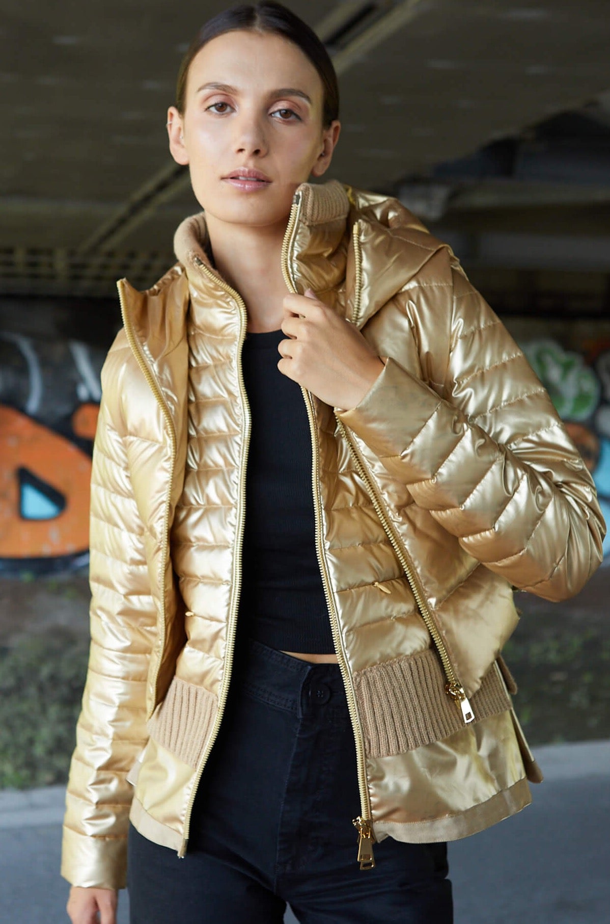 Manteau matelassé doré métalissé en duvet avec tricot Olivia