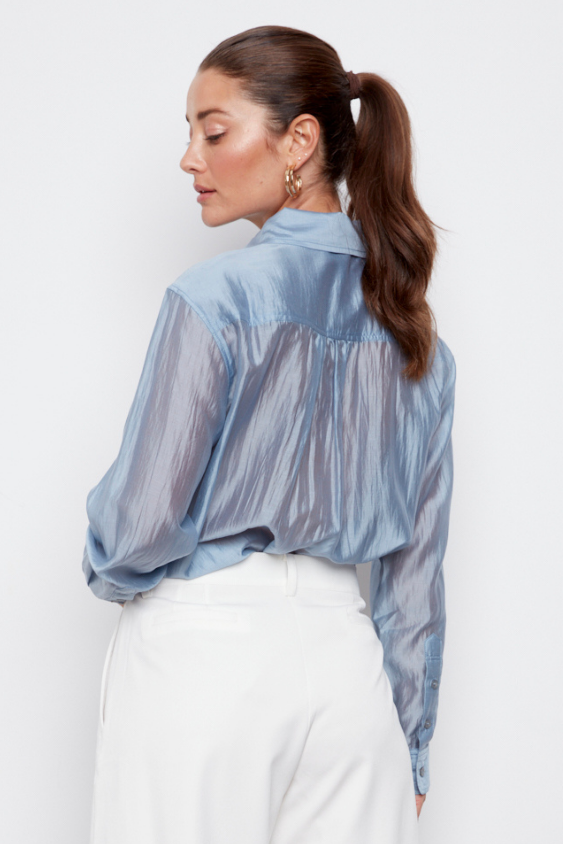 Bijou, semi-transparent button-front shirt with patch pockets and side slits