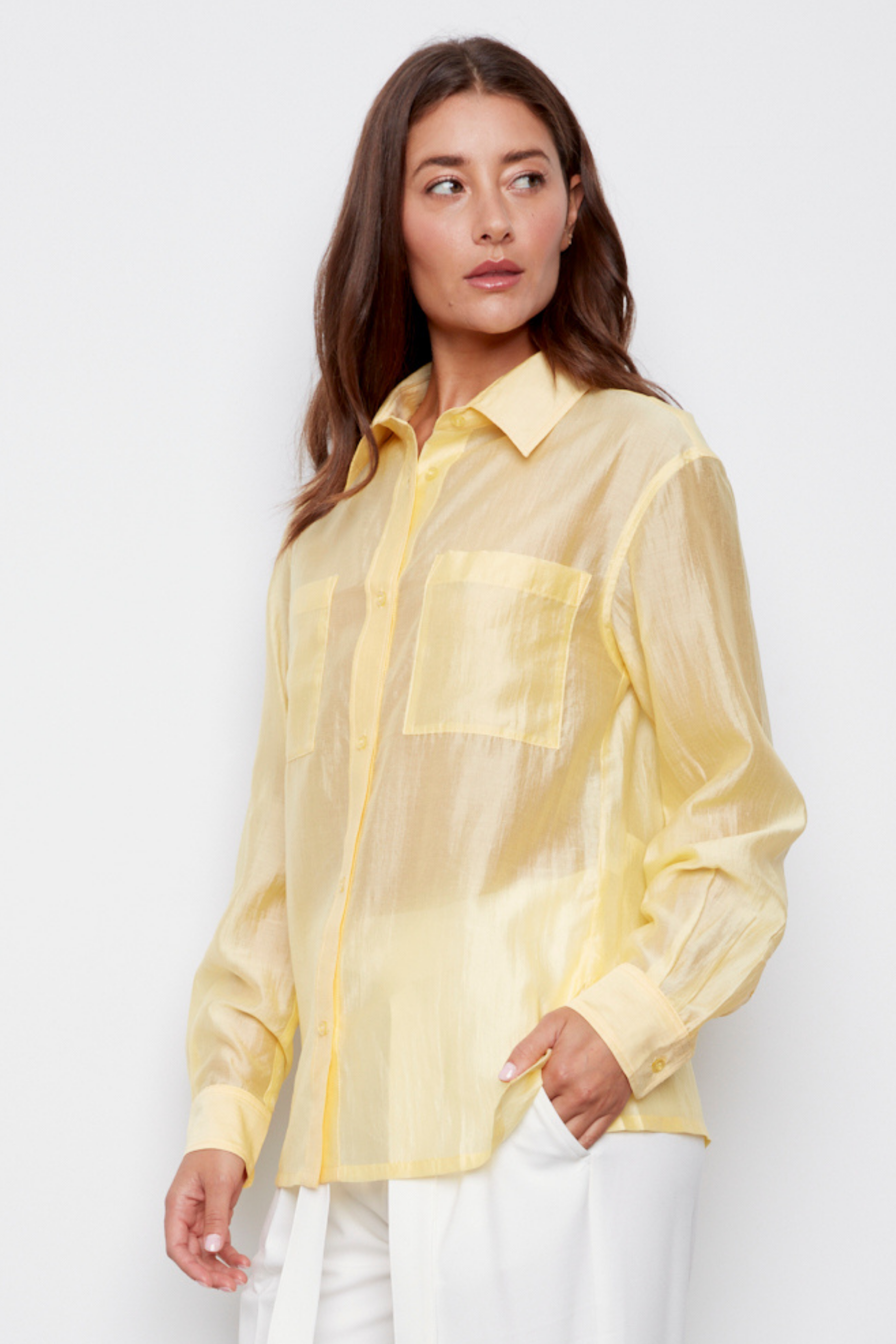 Bijou, semi-transparent button-front shirt with patch pockets and side slits