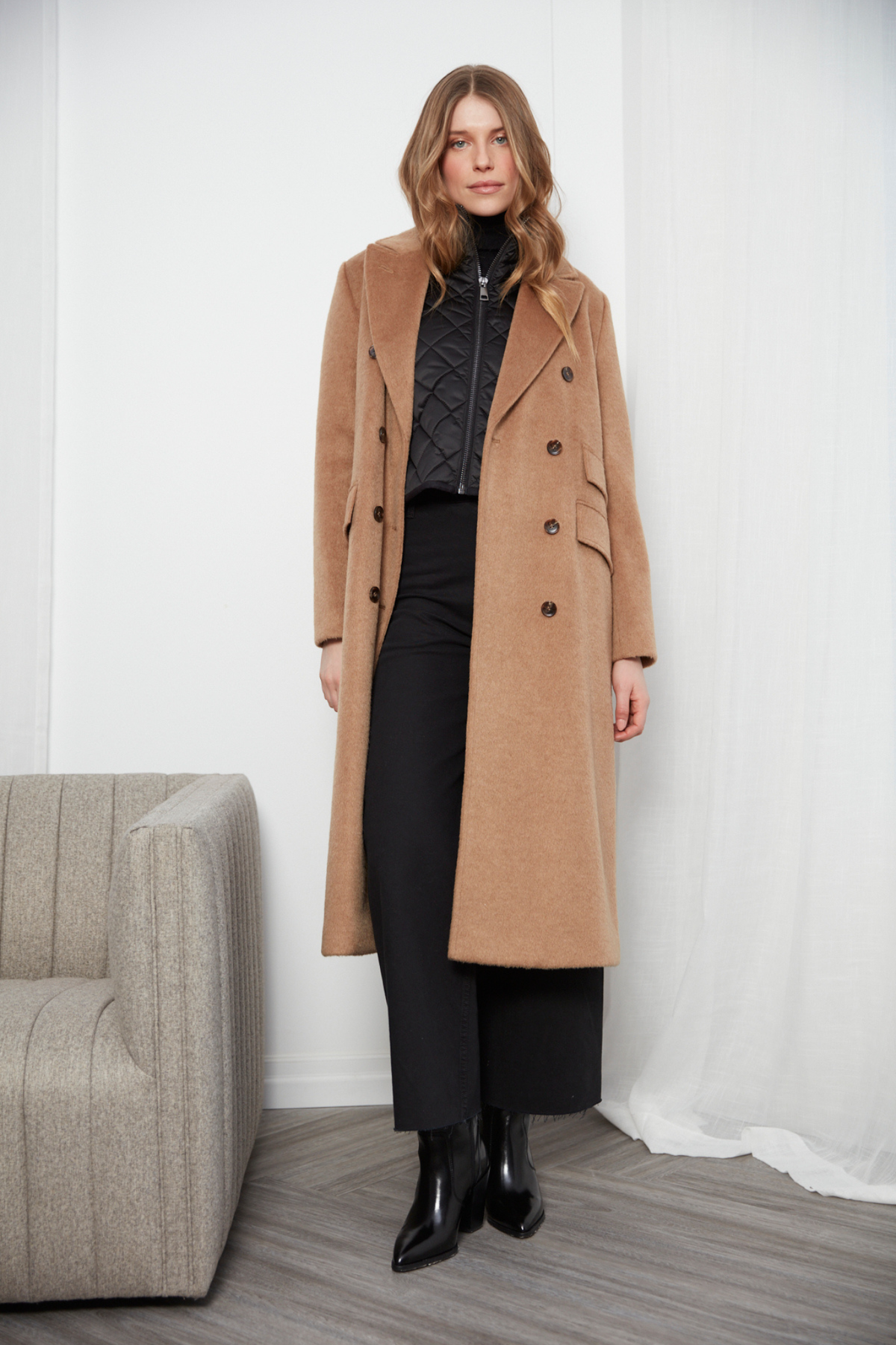 Bennett, double breasted long wool blend coat