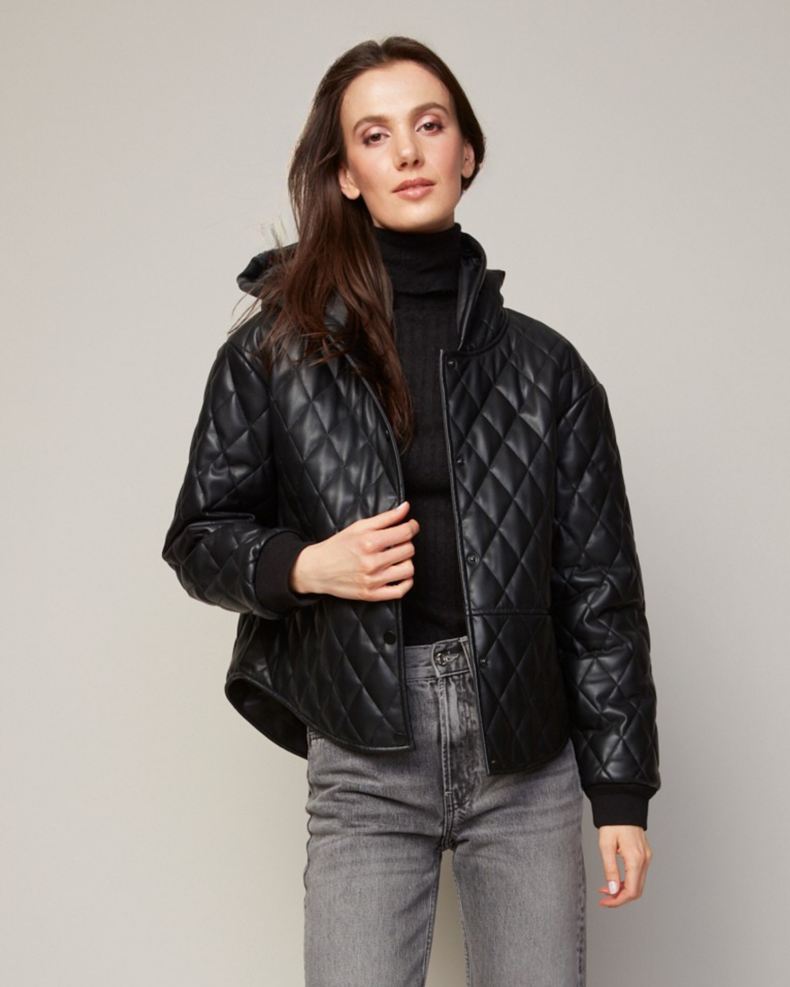 Brodie drop shoulder hooded vegan leather quilted jacket