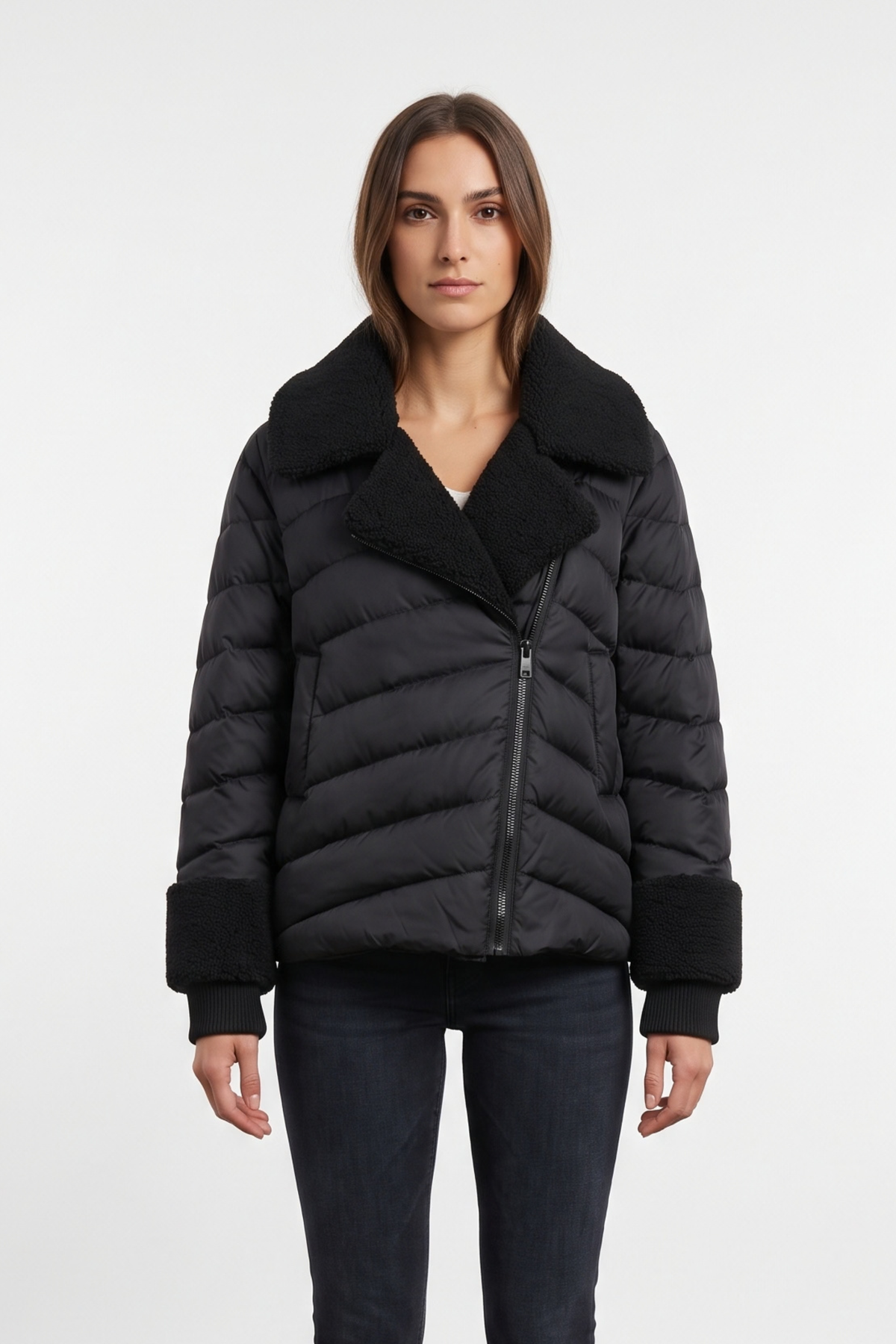 Drake, quilted moto-style down jacket w/sherpa detail