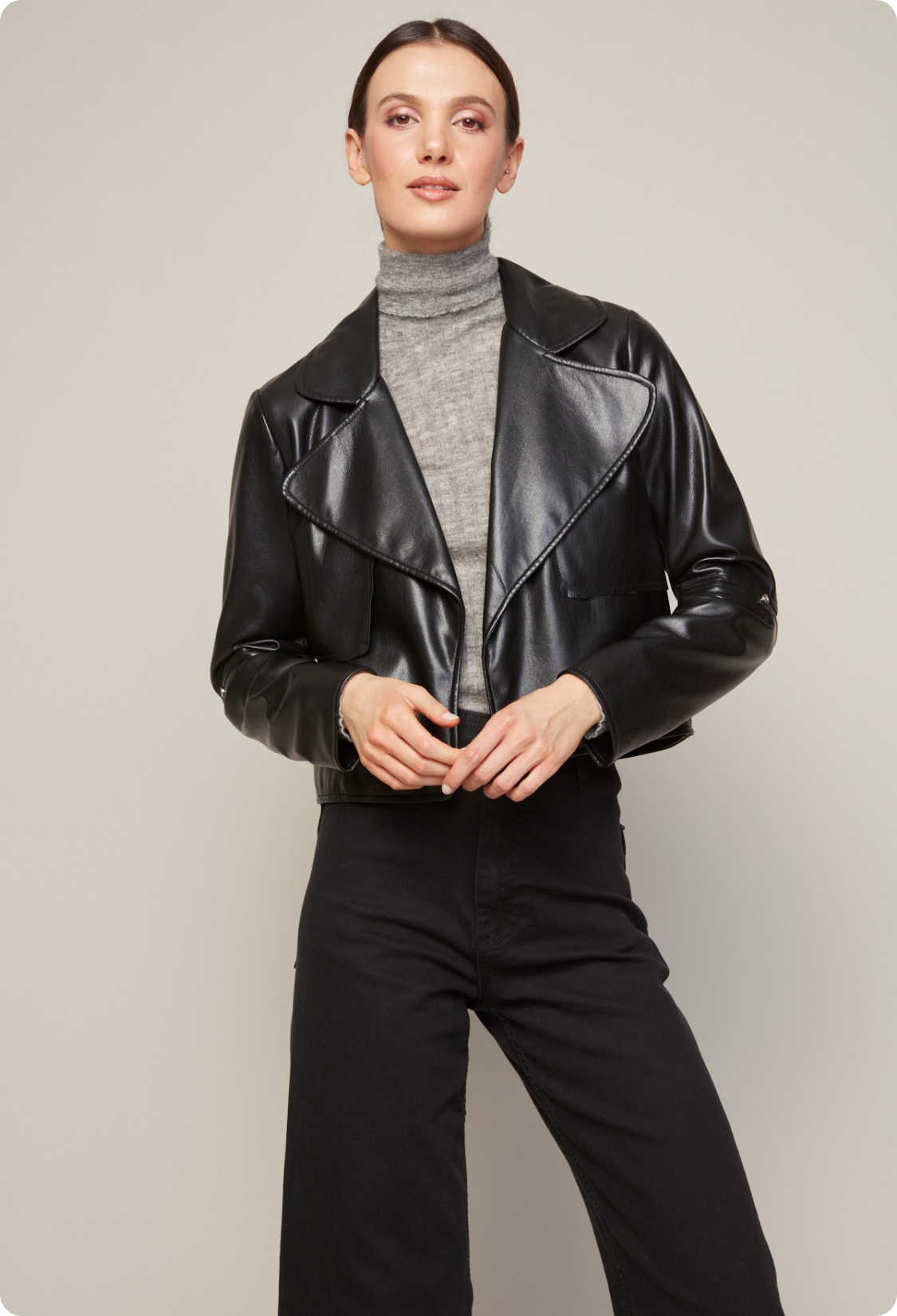 Ninon short stretch vegan leather open front jacket
