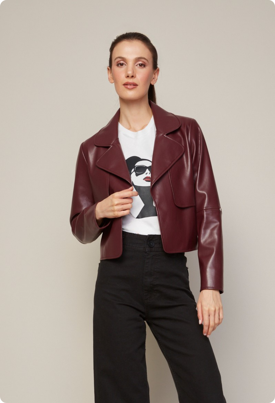 Ninon short stretch vegan leather open front jacket