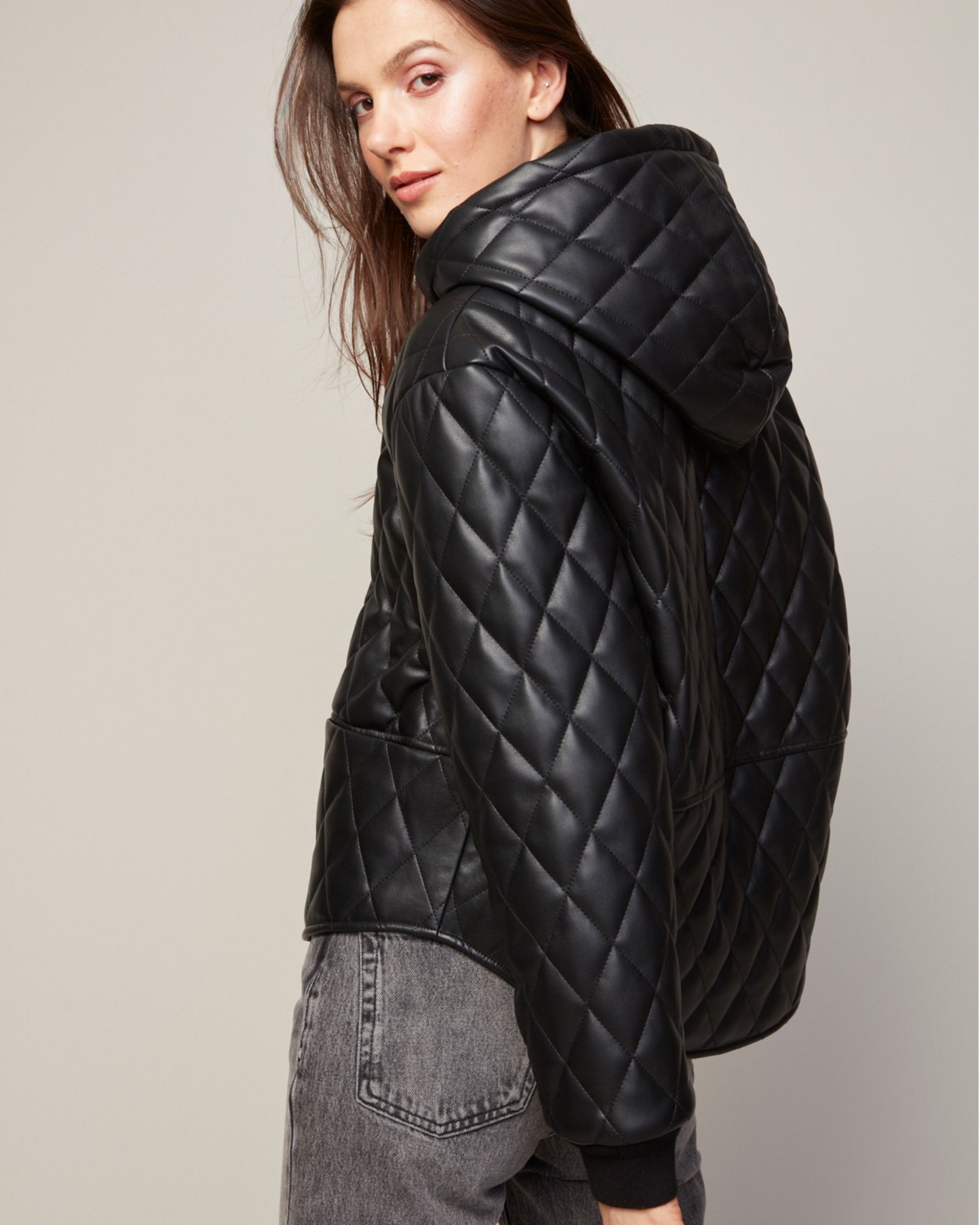 Brodie drop shoulder hooded vegan leather quilted jacket