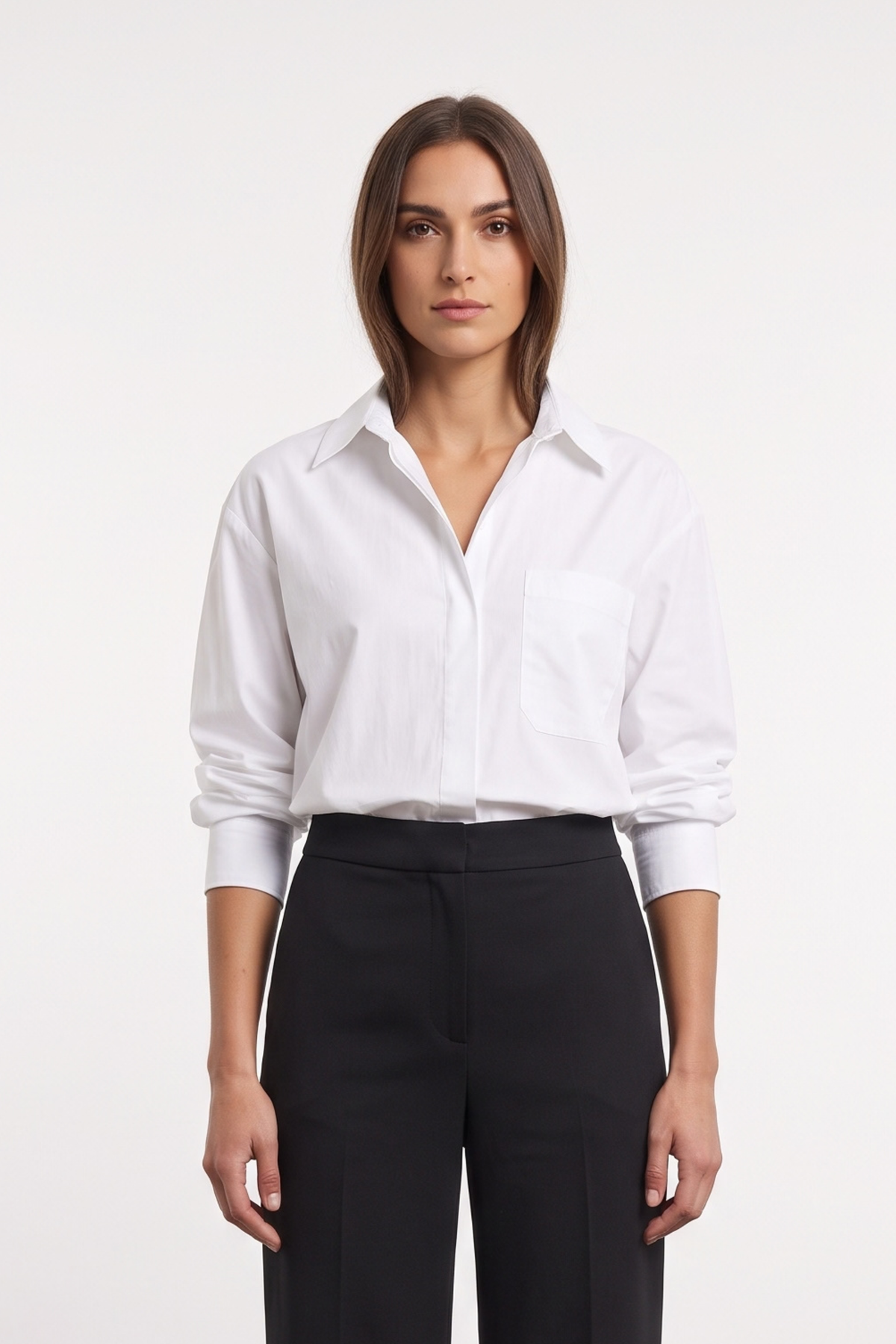 Daria, button-front shirt with ruched sleeves