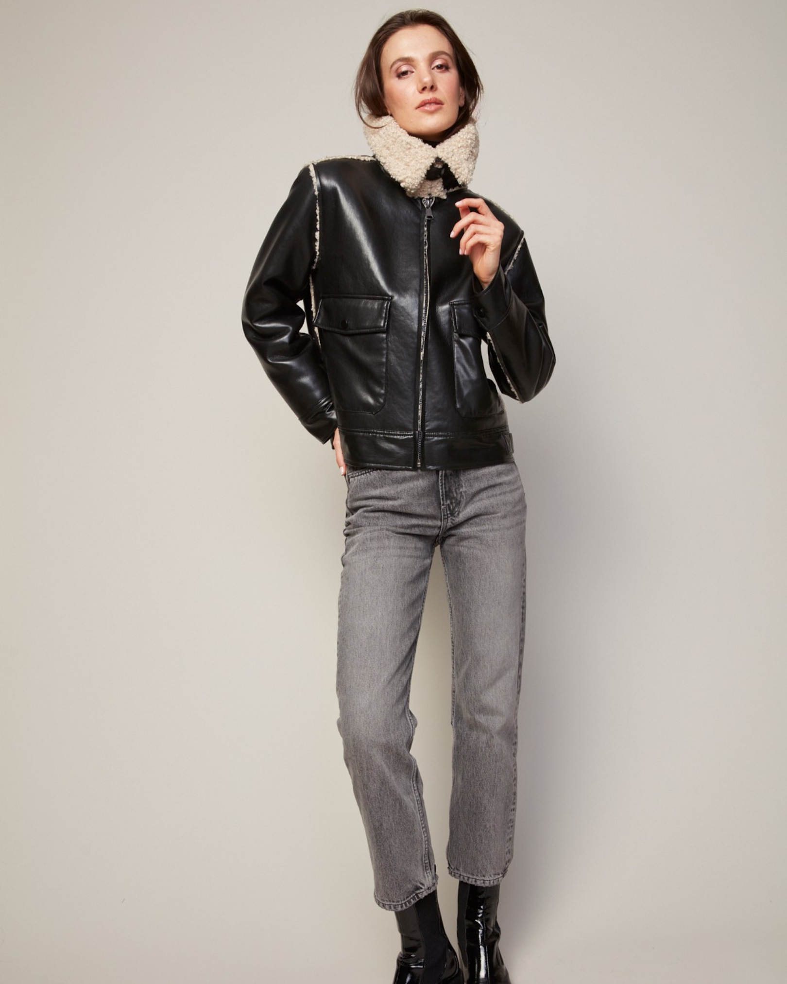 Parker Bonded Vegan Leather Aviator Jacket w/ Collar Snap Closure
