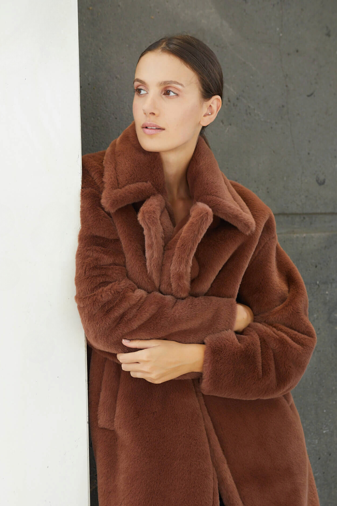Pull&Bear faux-fur extra long collared coat in brown