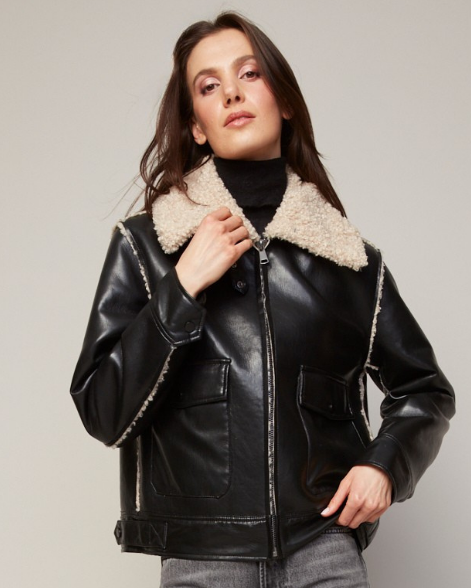 Parker Bonded Vegan Leather Aviator Jacket w/ Collar Snap Closure