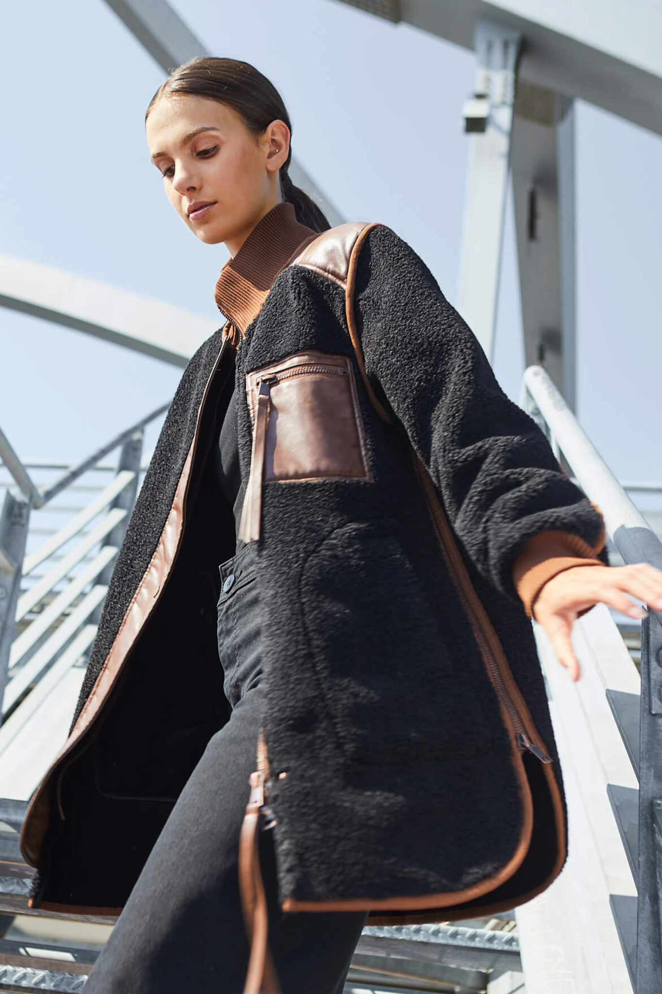 Audrey faux sherling coat w/ vegan leather trim and side zippers