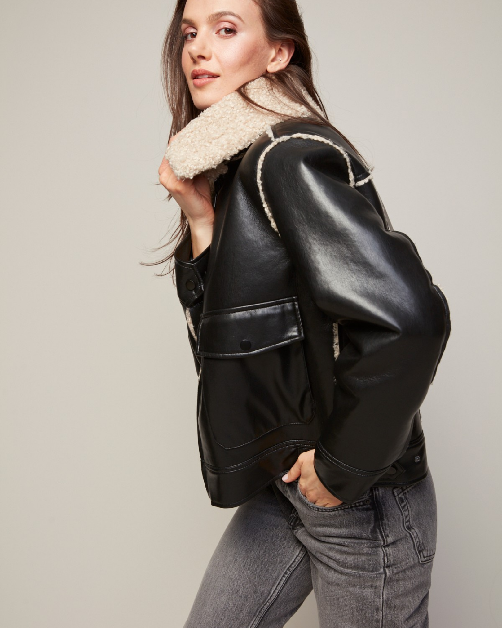 Parker Bonded Vegan Leather Aviator Jacket w/ Collar Snap Closure