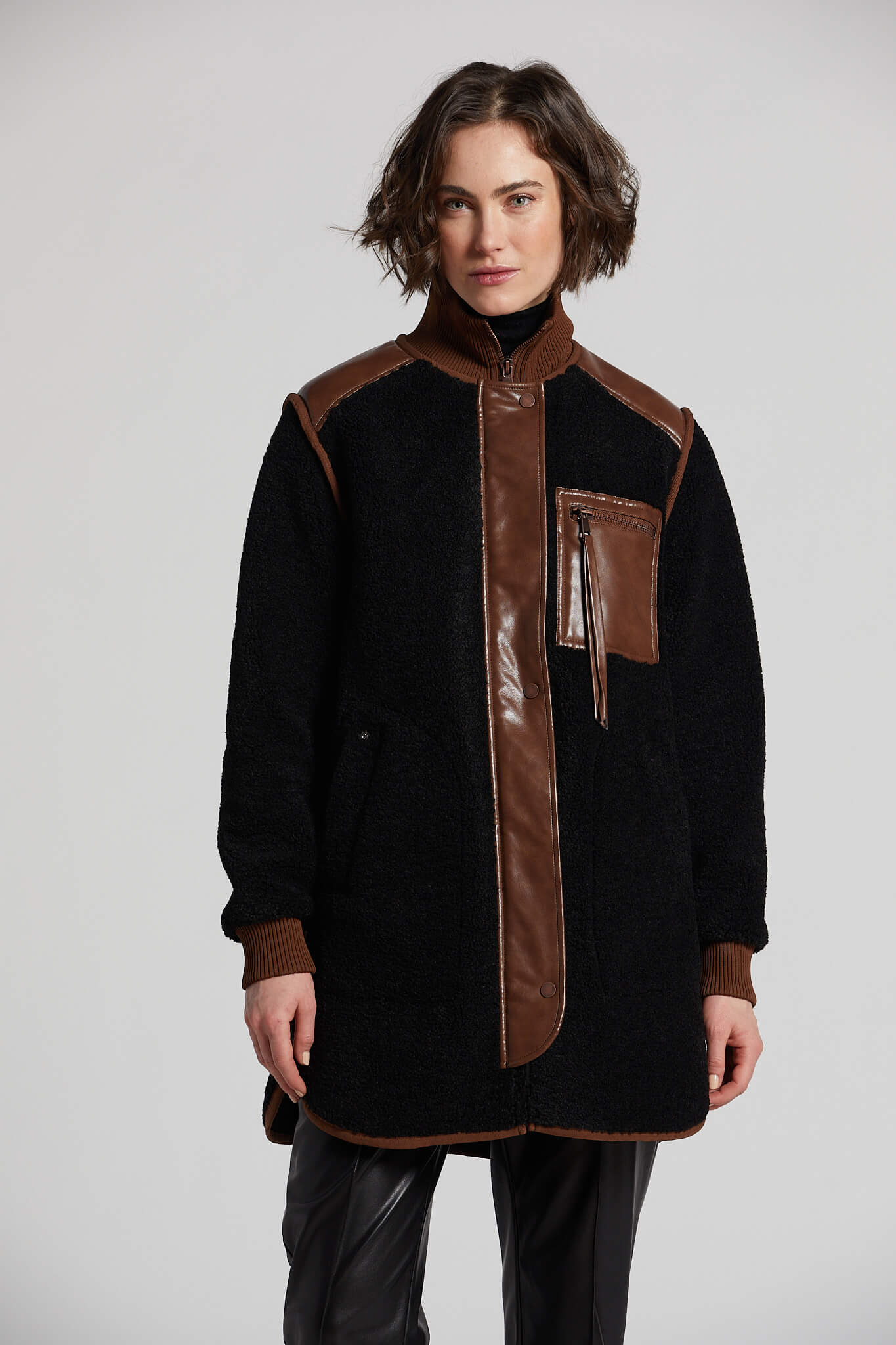 Audrey faux sherling coat w/ vegan leather trim and side zippers