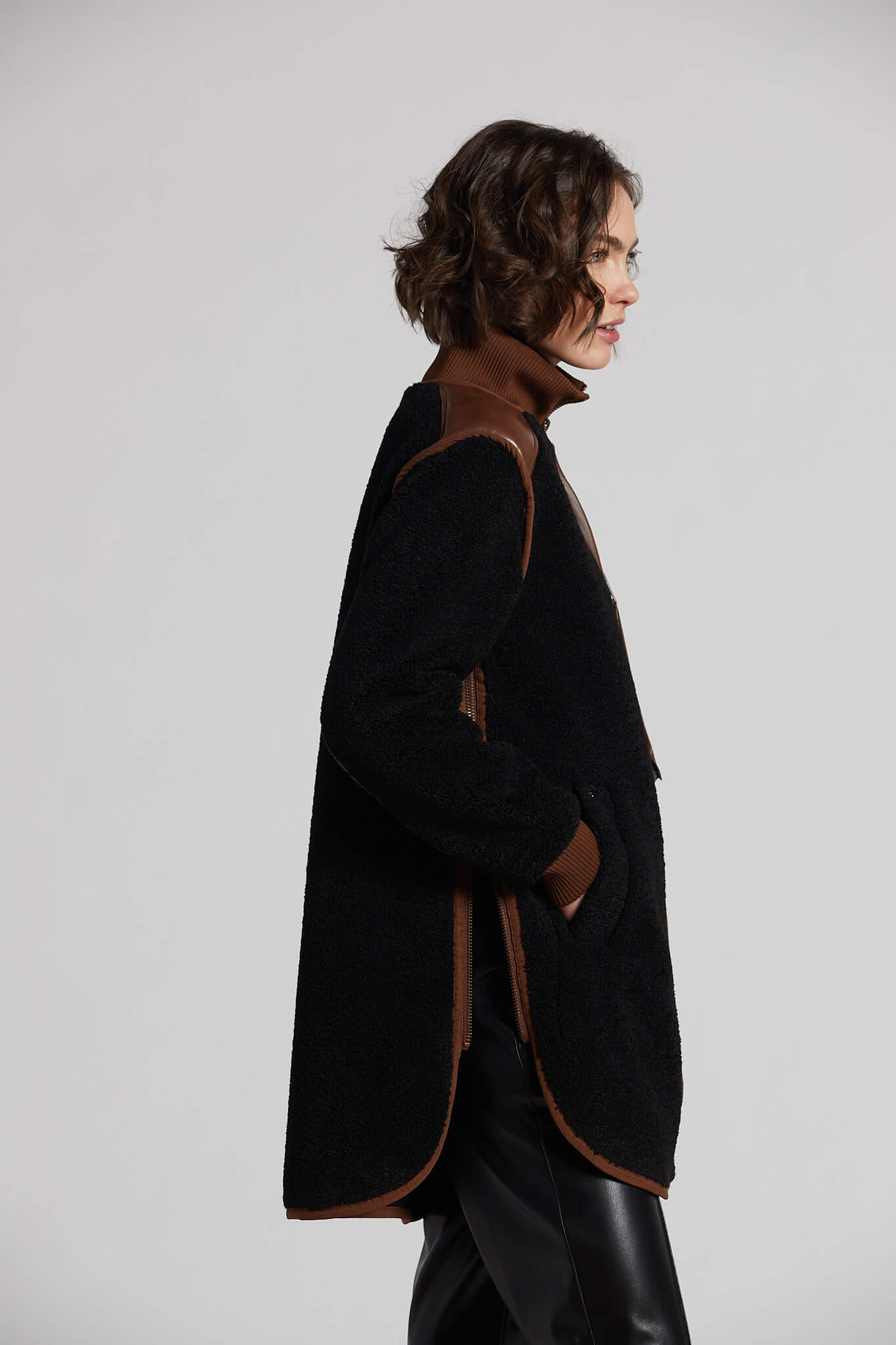 Audrey faux sherling coat w/ vegan leather trim and side zippers