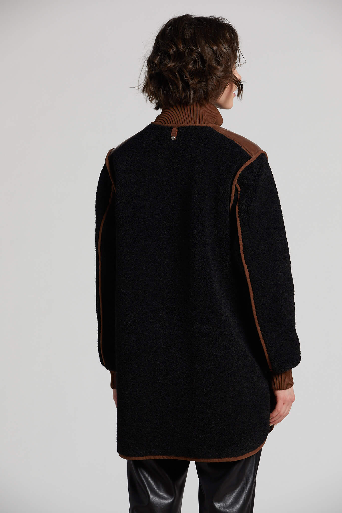 Audrey faux sherling coat w/ vegan leather trim and side zippers