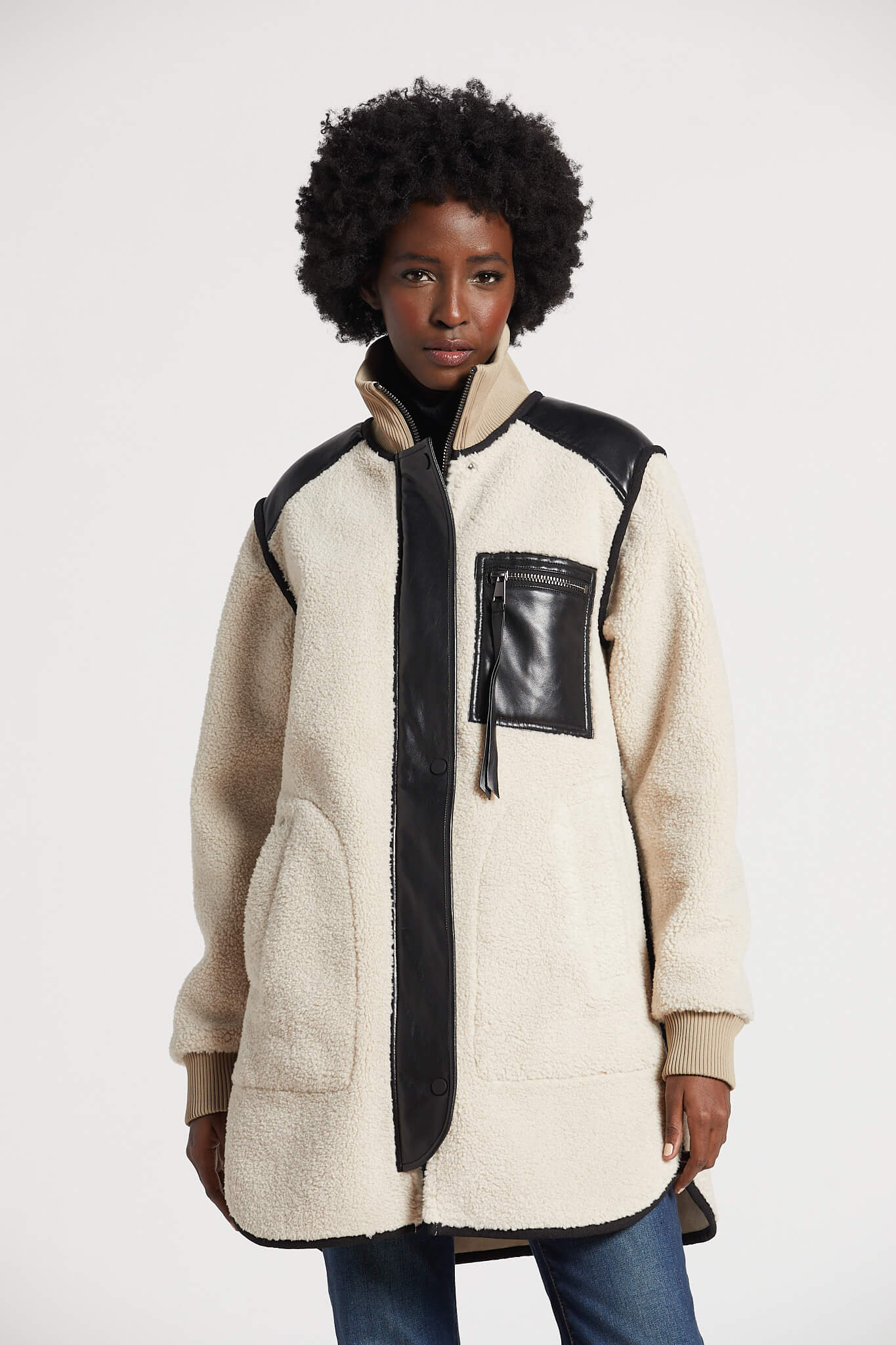 Audrey faux sherling coat w/ vegan leather trim and side zippers