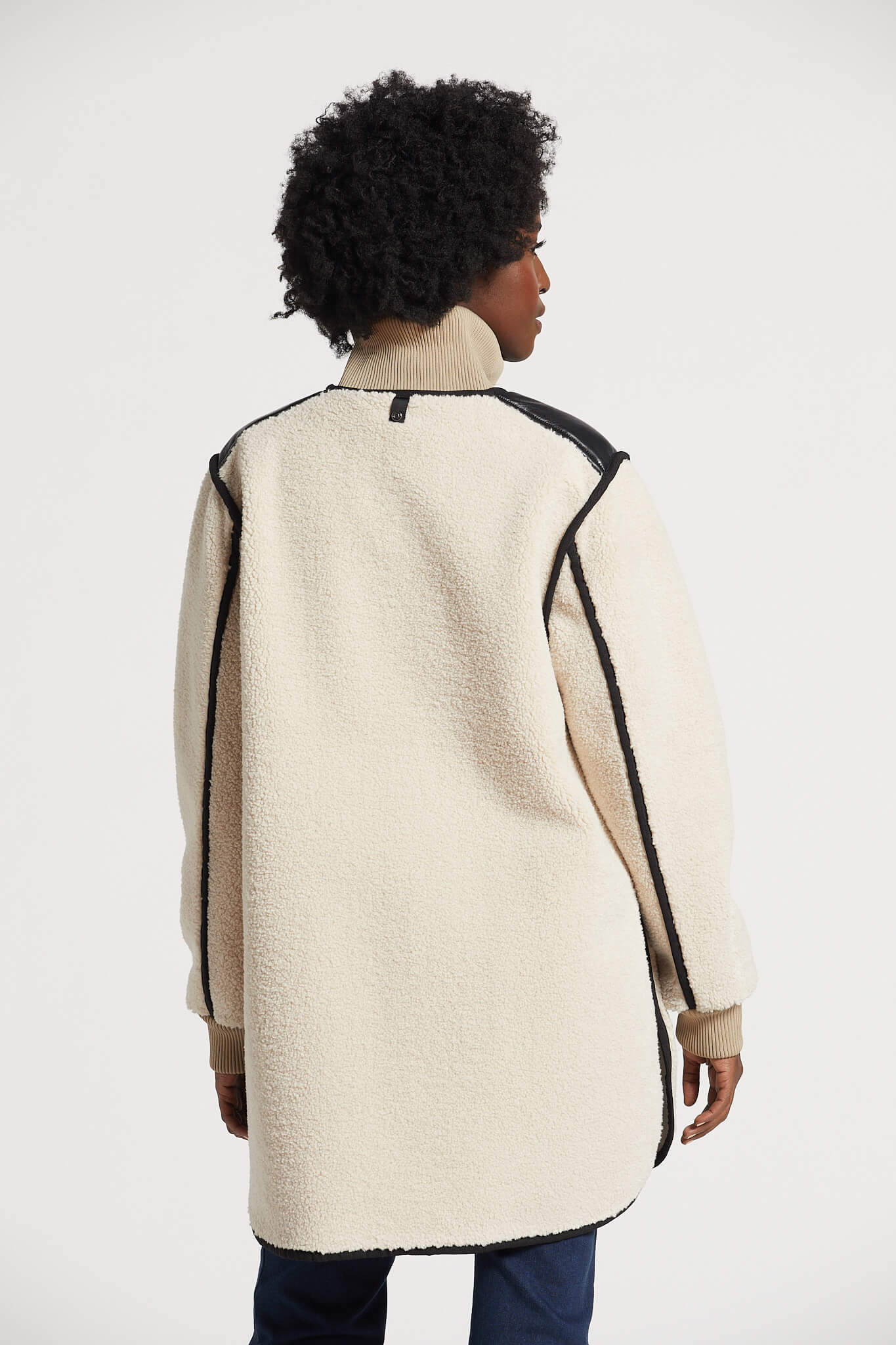 Audrey faux sherling coat w/ vegan leather trim and side zippers