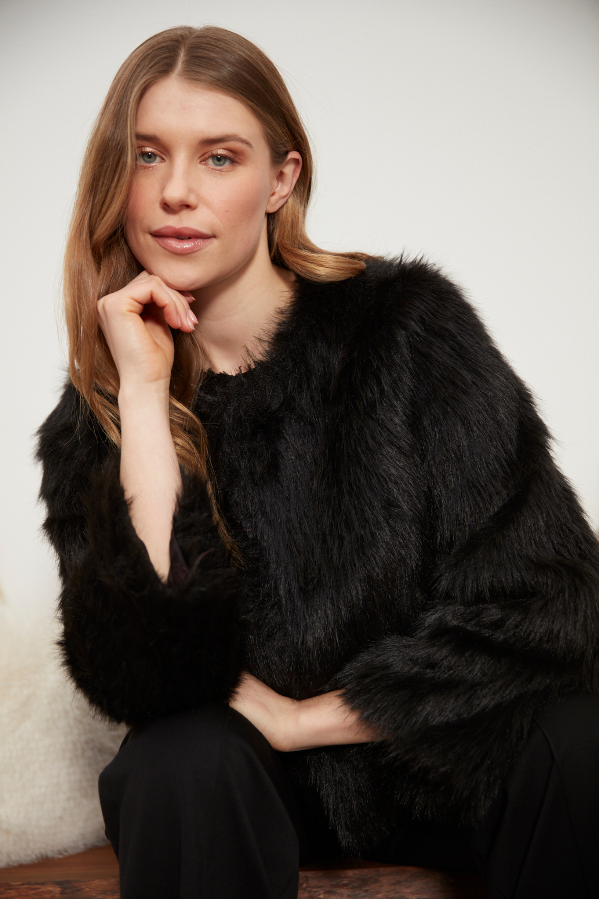 Blaine collarless faux fur jacket