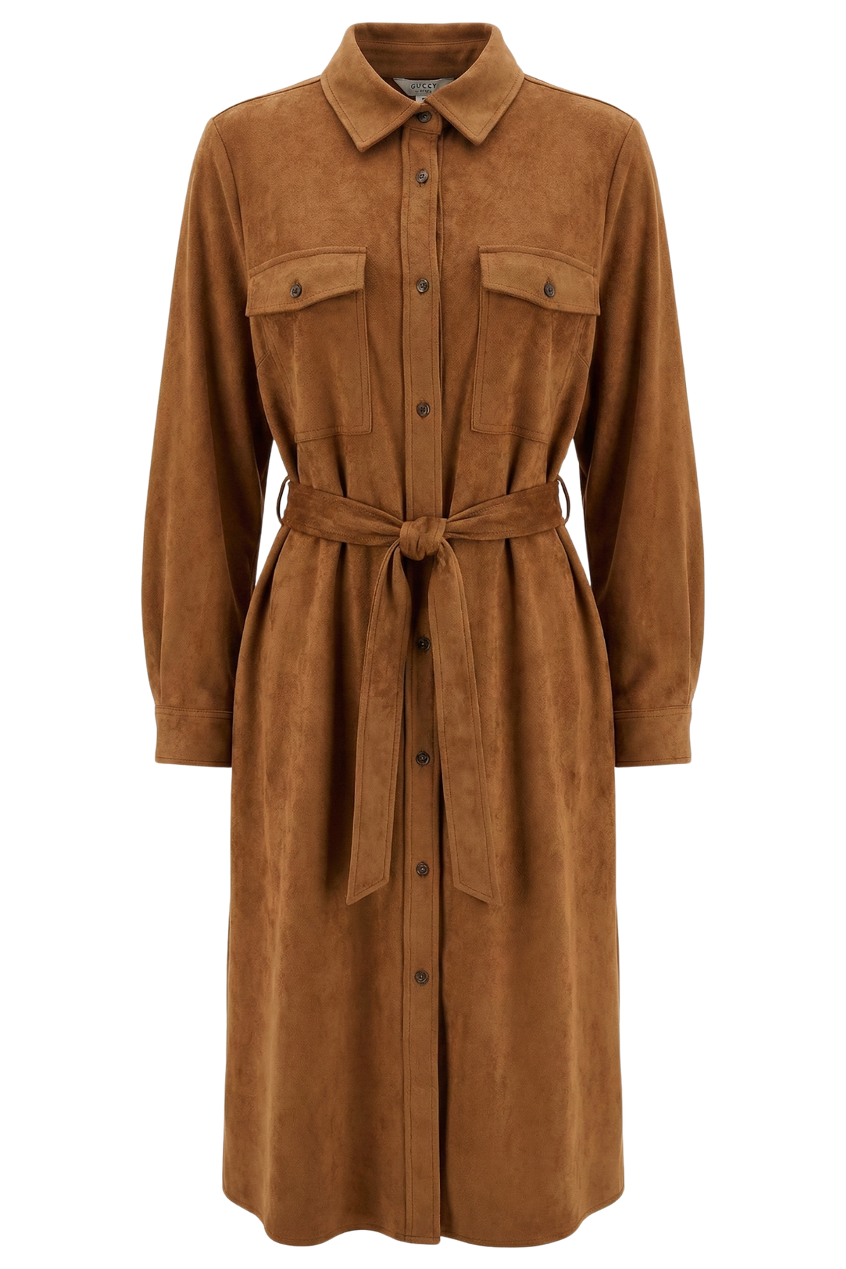 Bridget, Long buttoned front faux suede overcoat with removable belt