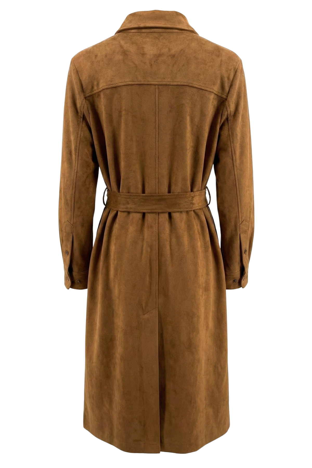 Bridget, Long buttoned front faux suede overcoat with removable belt
