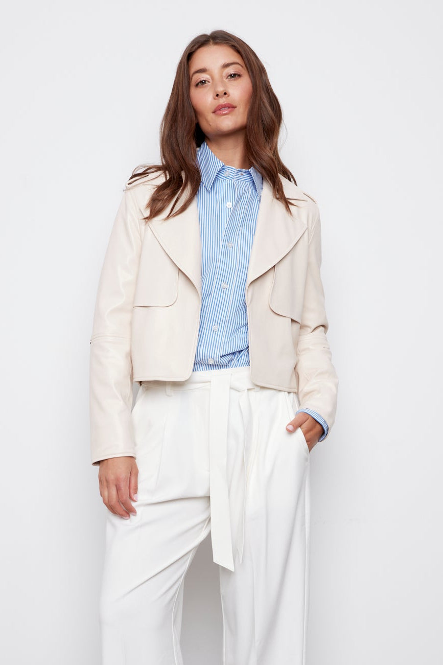 Camille, open front vegan leather jacket with storm flap detail