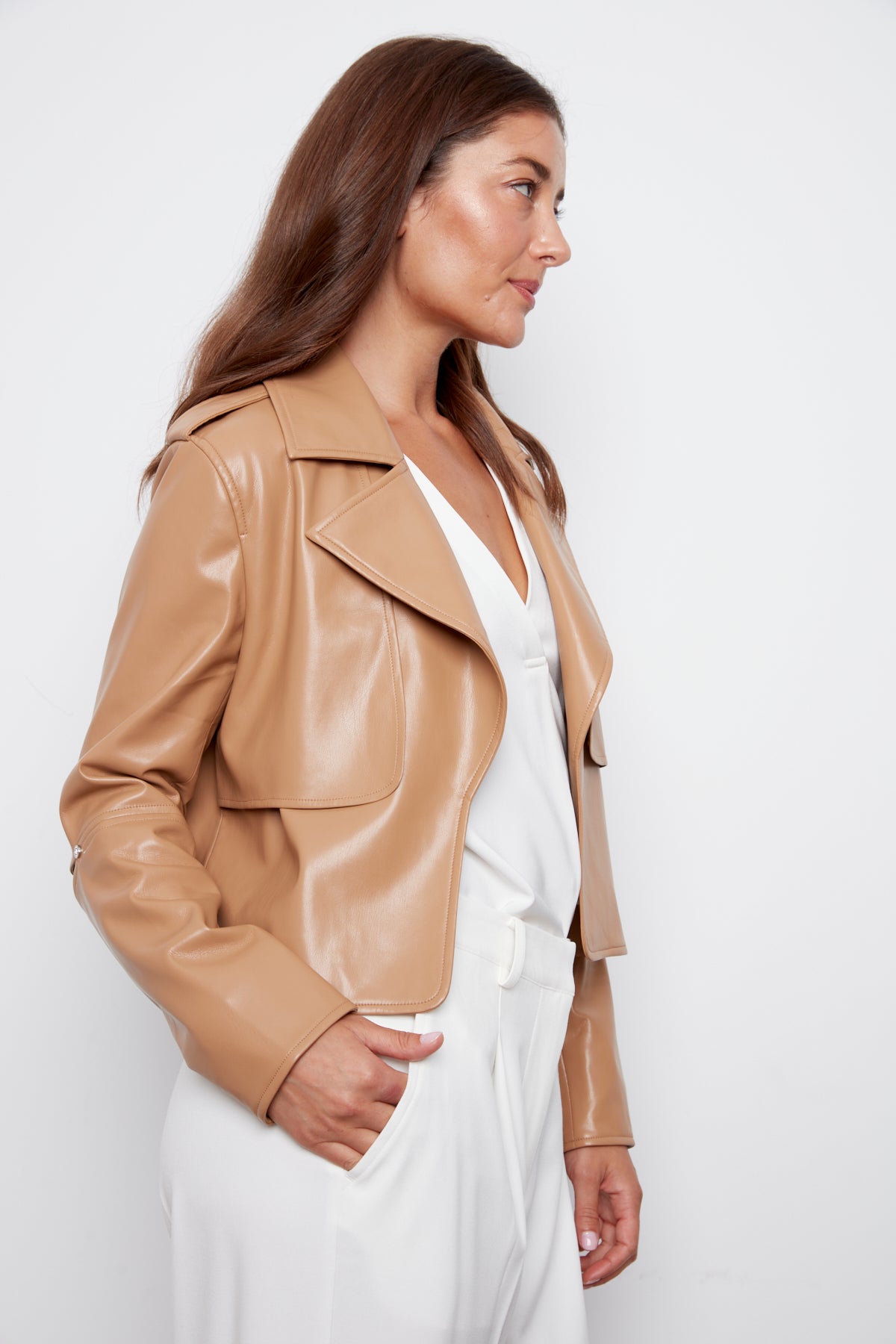 Camille, open front vegan leather jacket with storm flap detail