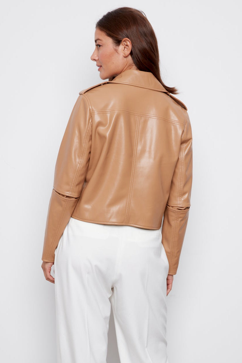 Camille, open front vegan leather jacket with storm flap detail