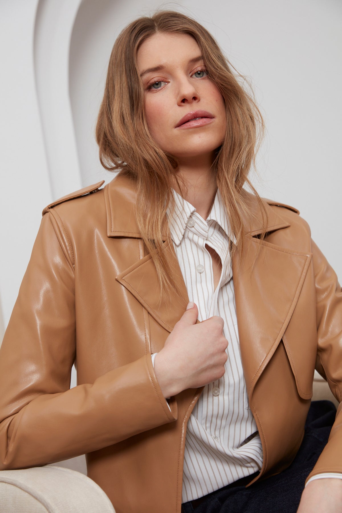 Camille, open front vegan leather jacket with storm flap detail