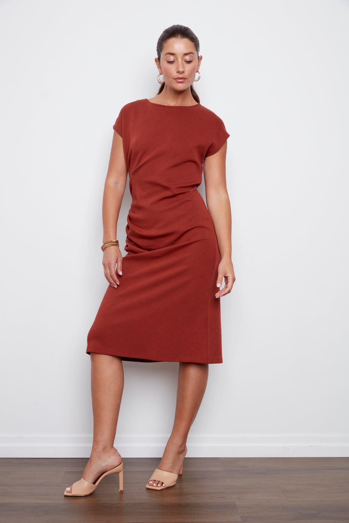 Cammy, jersey cap sleeve dress with shirring detail