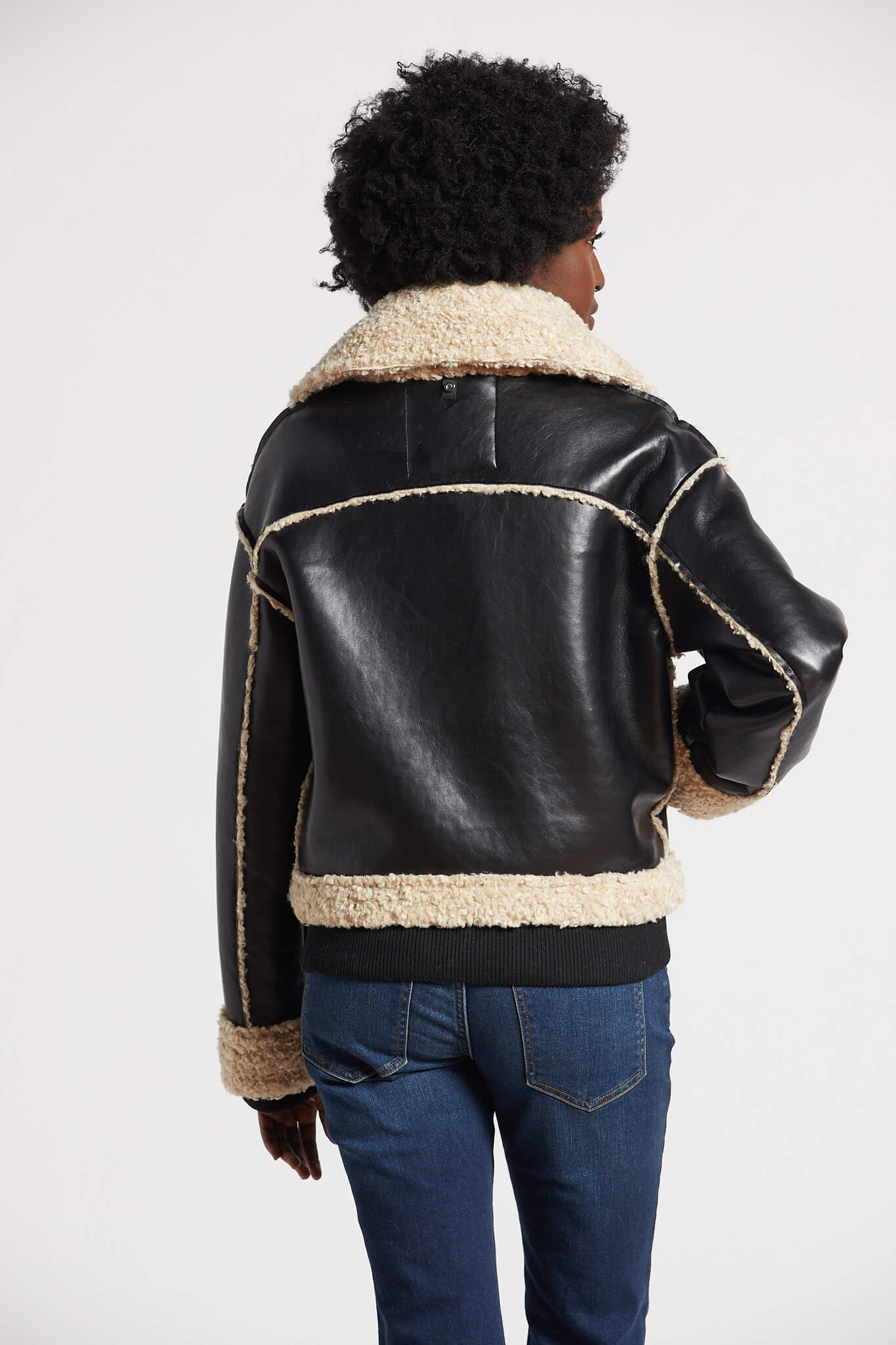 Clayton faux shearling vegan leather zipped moto jacket w/ knit trim