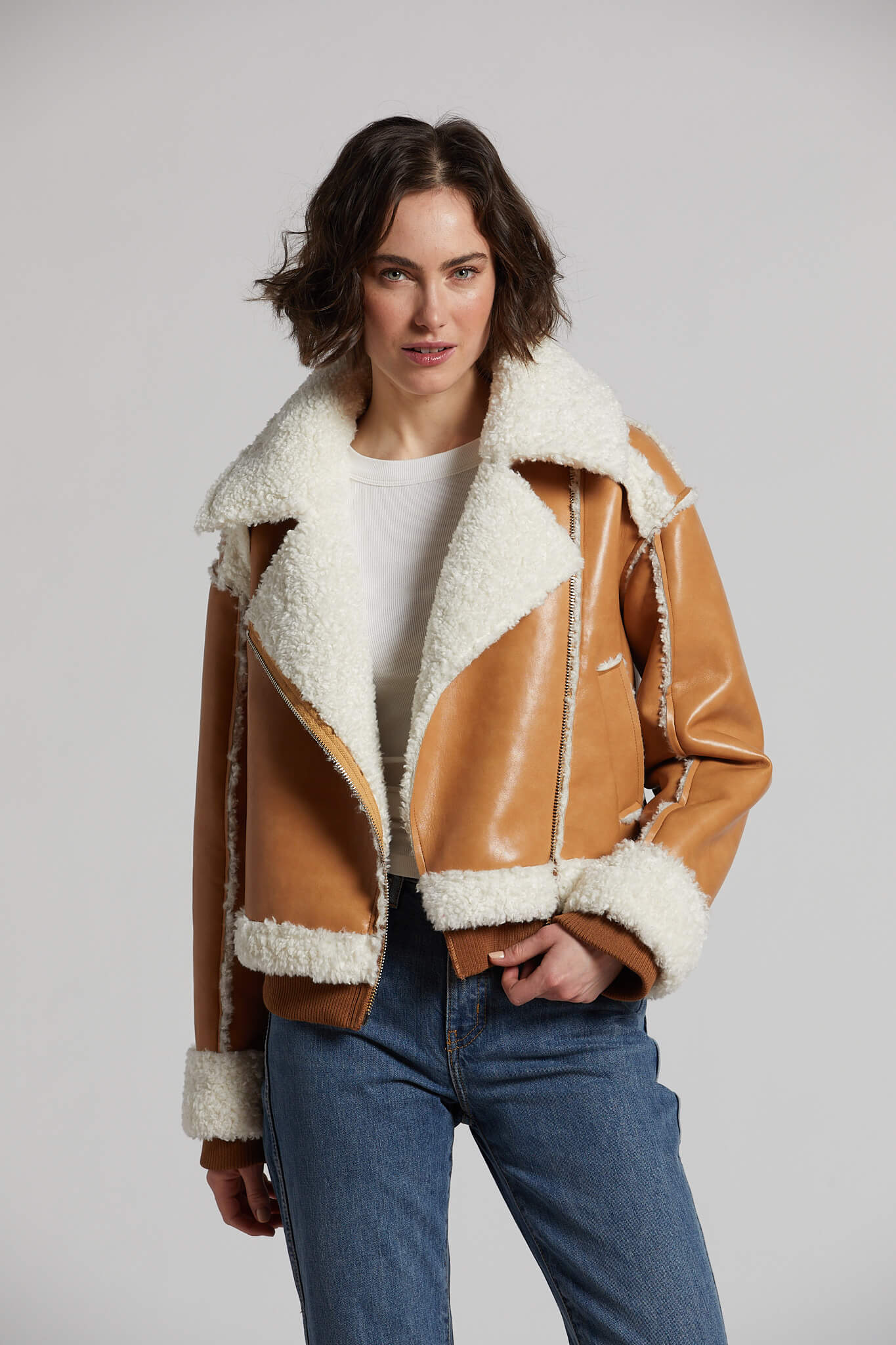 Clayton faux shearling vegan leather zipped moto jacket w/ knit trim