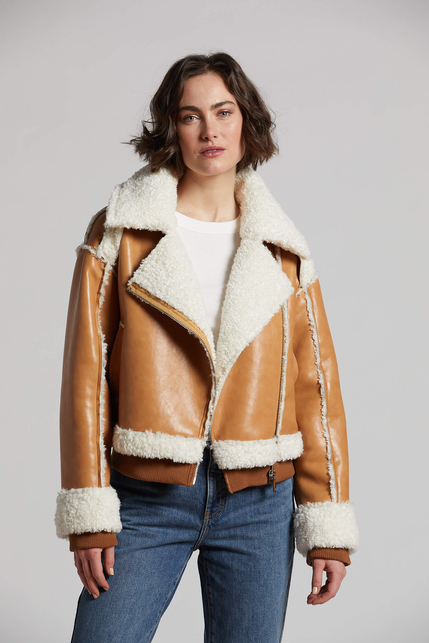 Clayton faux shearling vegan leather zipped moto jacket w/ knit trim