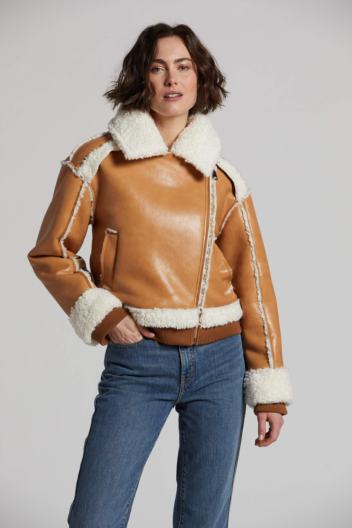 Clayton faux shearling vegan leather zipped moto jacket w/ knit trim