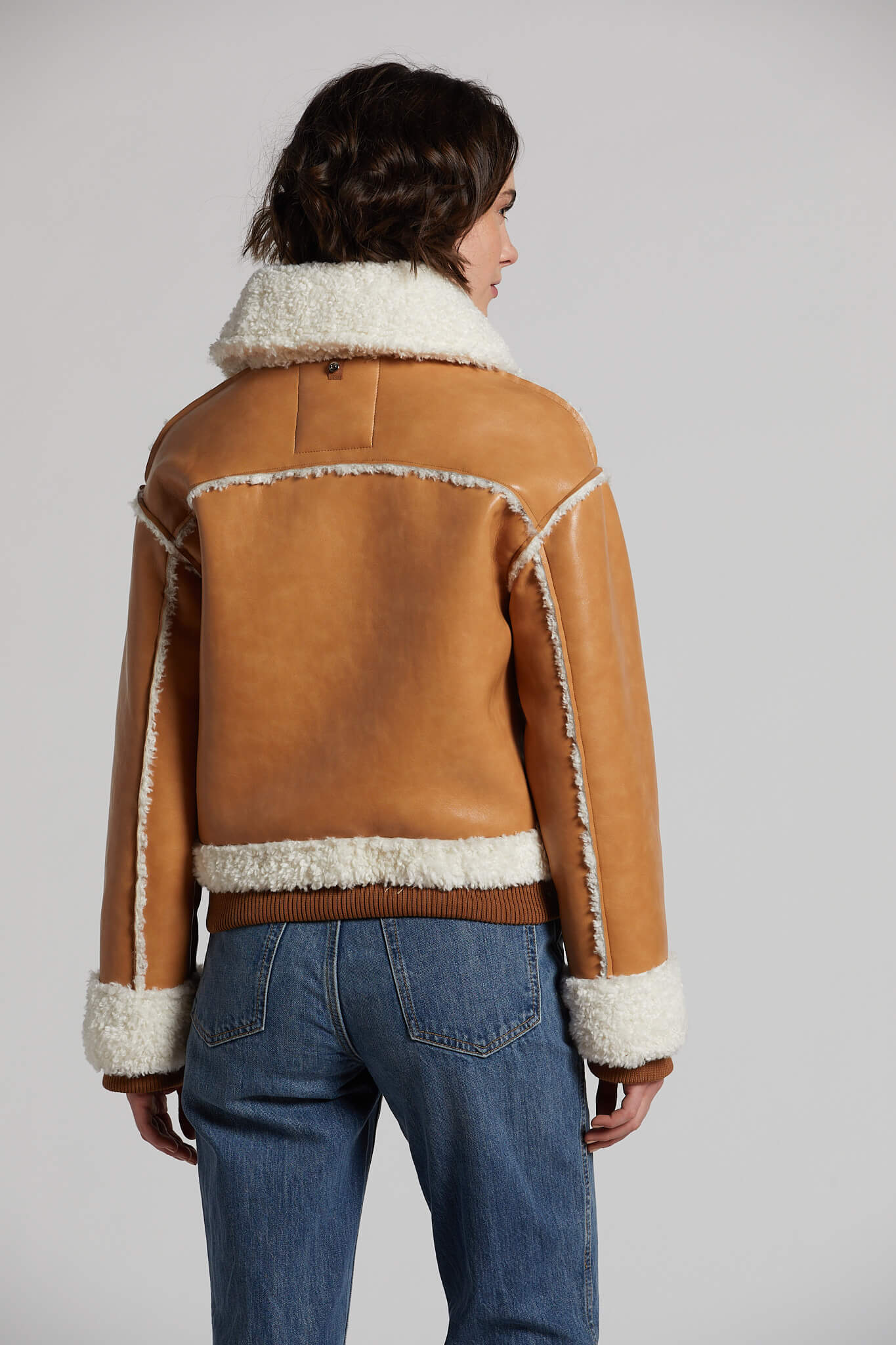 Clayton faux shearling vegan leather zipped moto jacket w/ knit trim