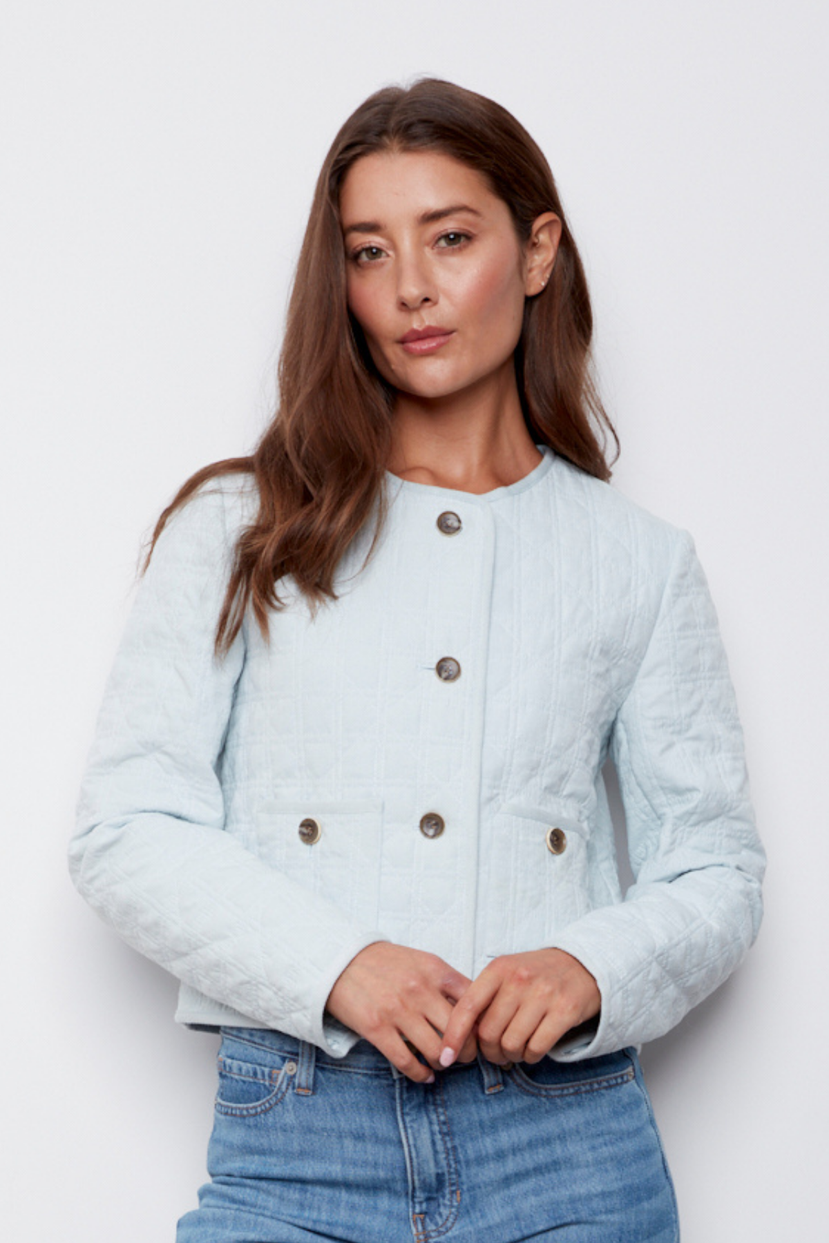 Caya, quilted collarless buttoned front jacket