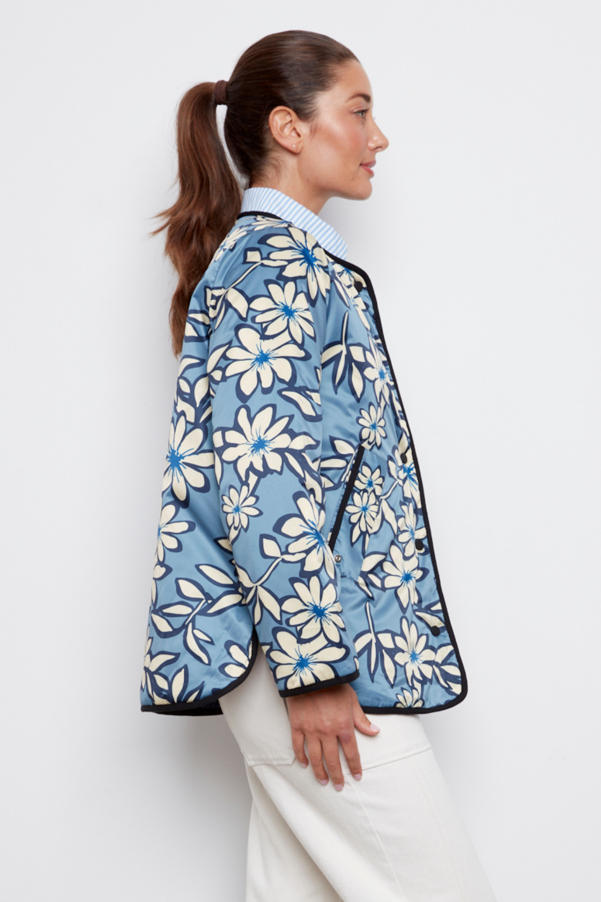 Cleo, collarless reversible quilted coat