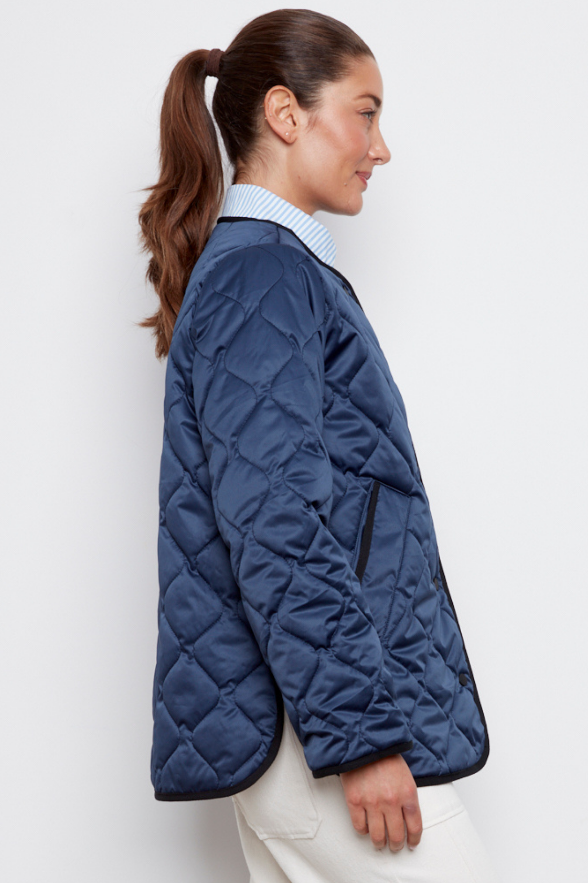 Cleo, collarless reversible quilted coat