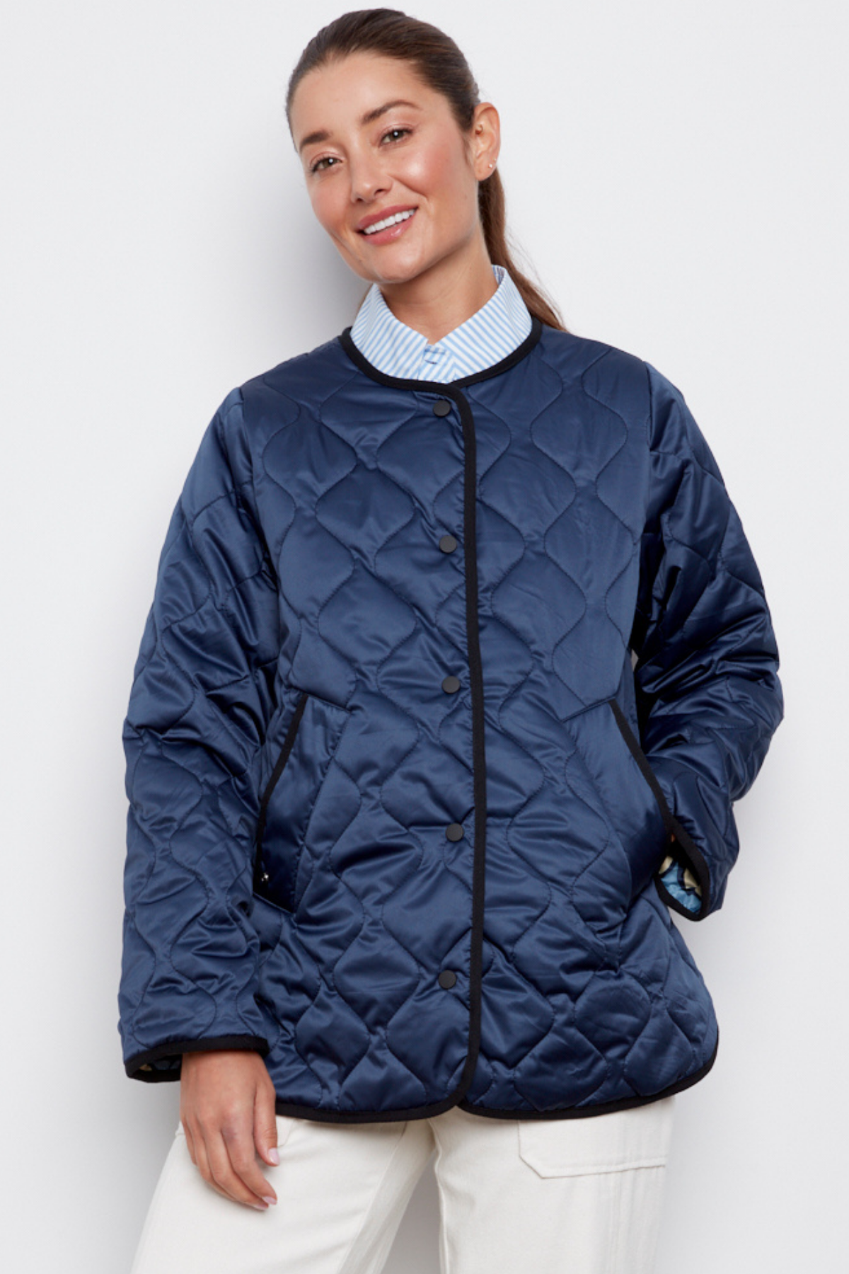 Cleo, collarless reversible quilted coat