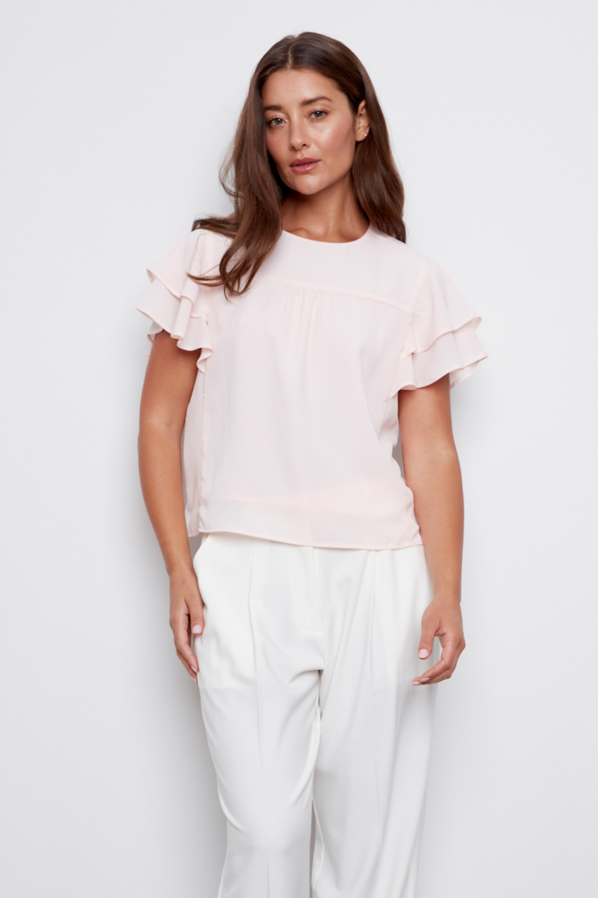 Crystelle, popover blouse with ruffle detailing