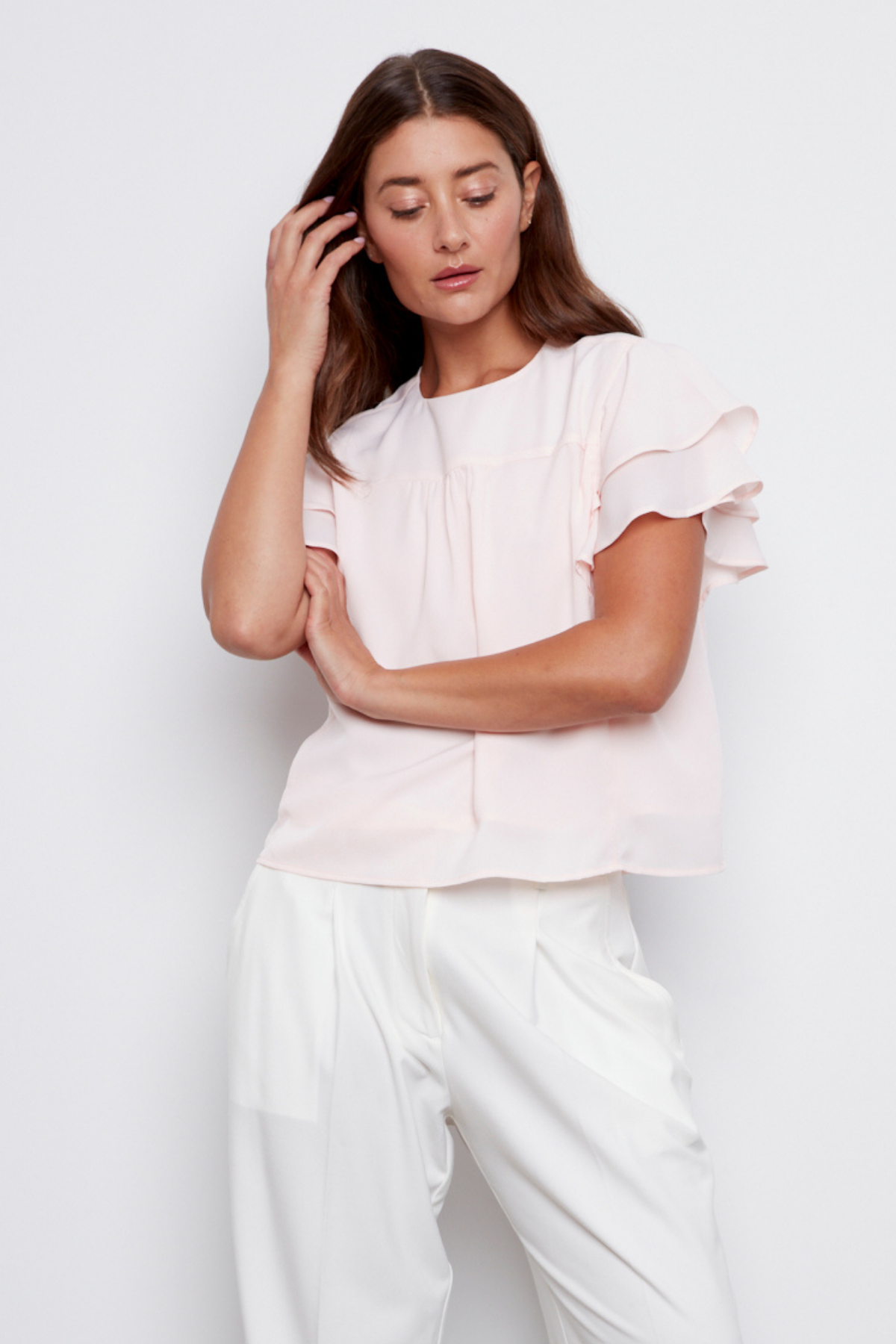 Crystelle, popover blouse with ruffle detailing