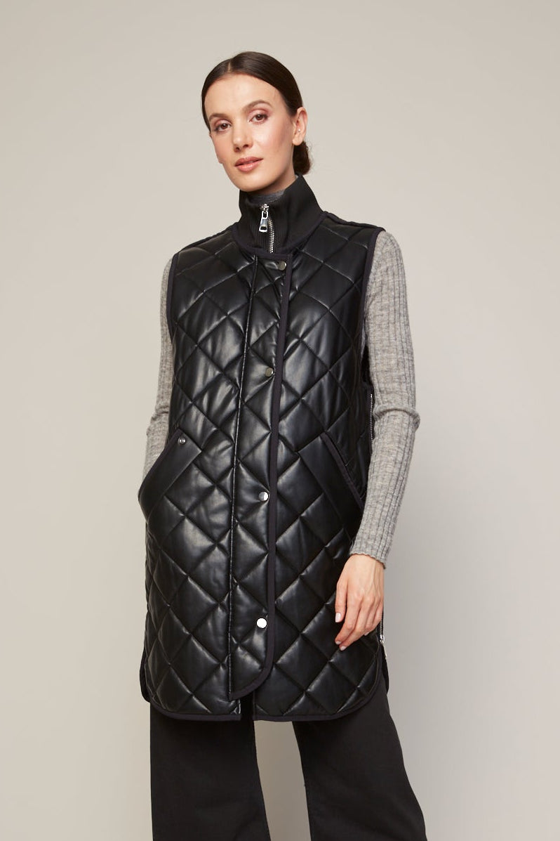 Destiny vegan leather sleeveless quilted vest with zipper detail