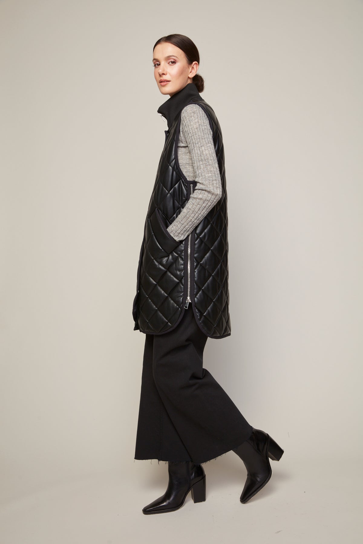 Destiny vegan leather sleeveless quilted vest with zipper detail