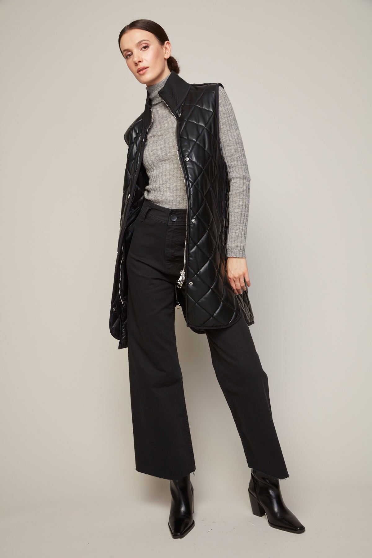 Destiny vegan leather sleeveless quilted vest with zipper detail