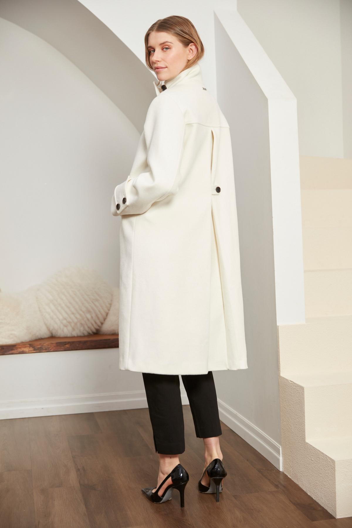 Dorian, long double-breasted funnel-neck coat