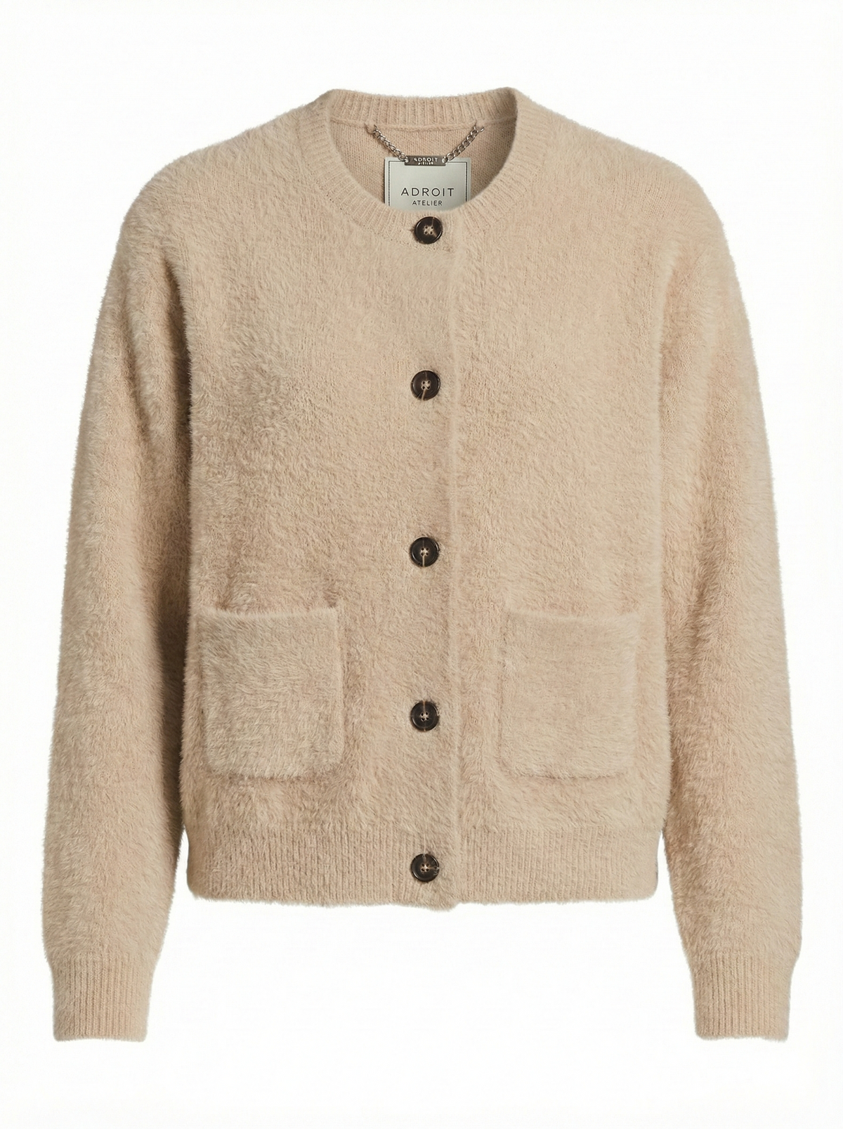 Dottie, knitted eyelash cardigan w/patch pockets