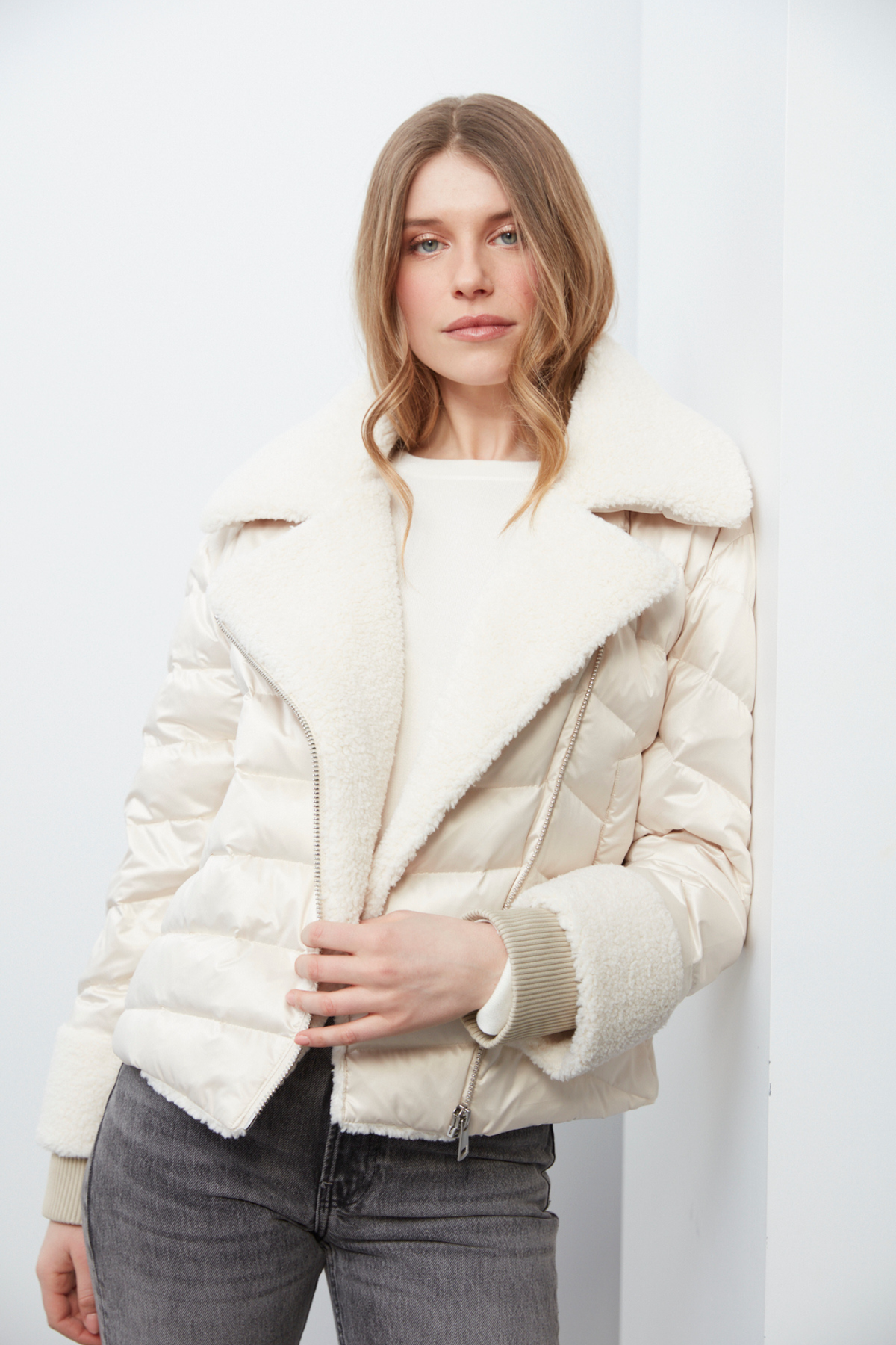 Drake, quilted moto-style down jacket w/sherpa detail