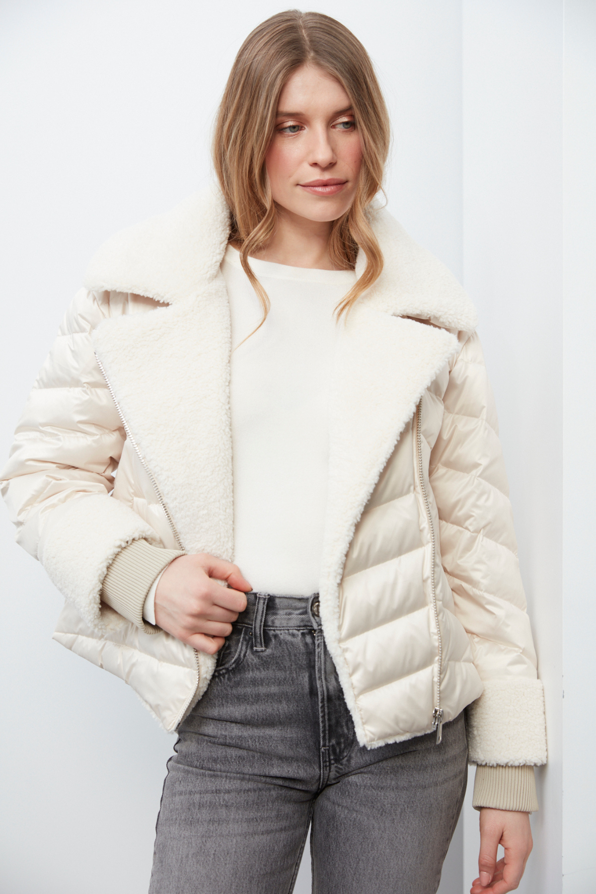 Drake, quilted moto-style down jacket w/sherpa detail