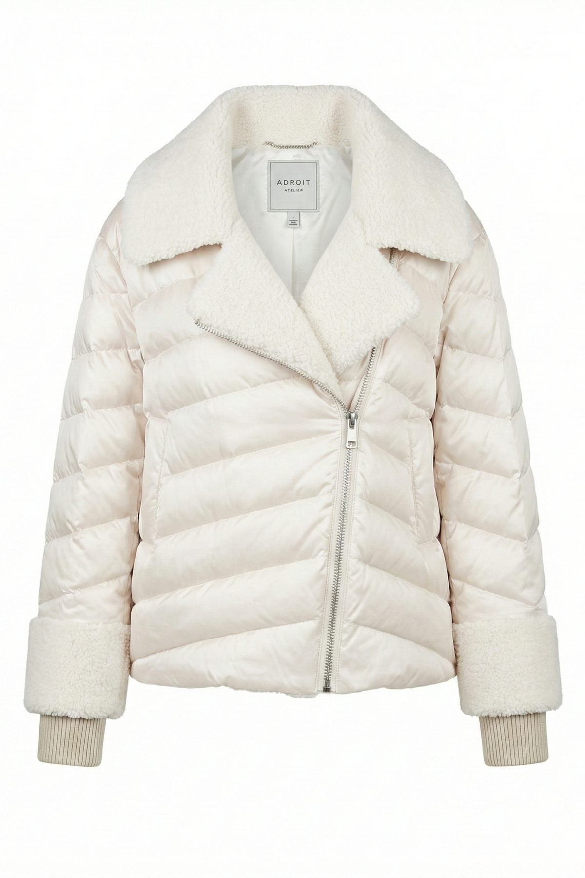 Drake, quilted moto-style down jacket w/sherpa detail